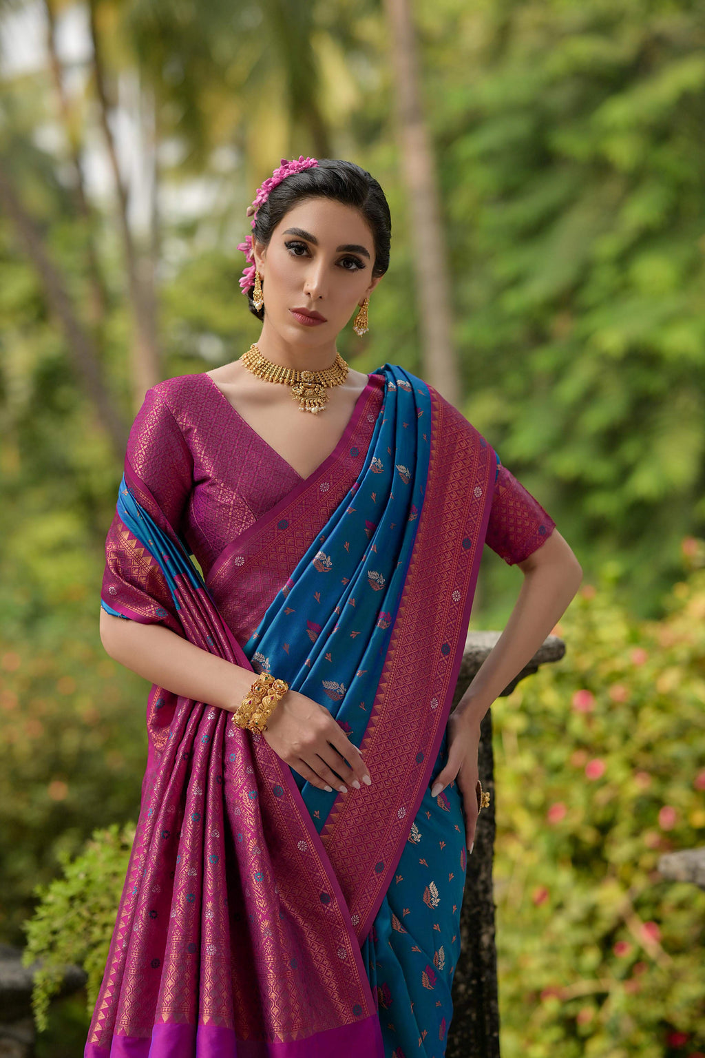 Blue Banarasi Silk Zari Woven Traditional Saree with Blouse