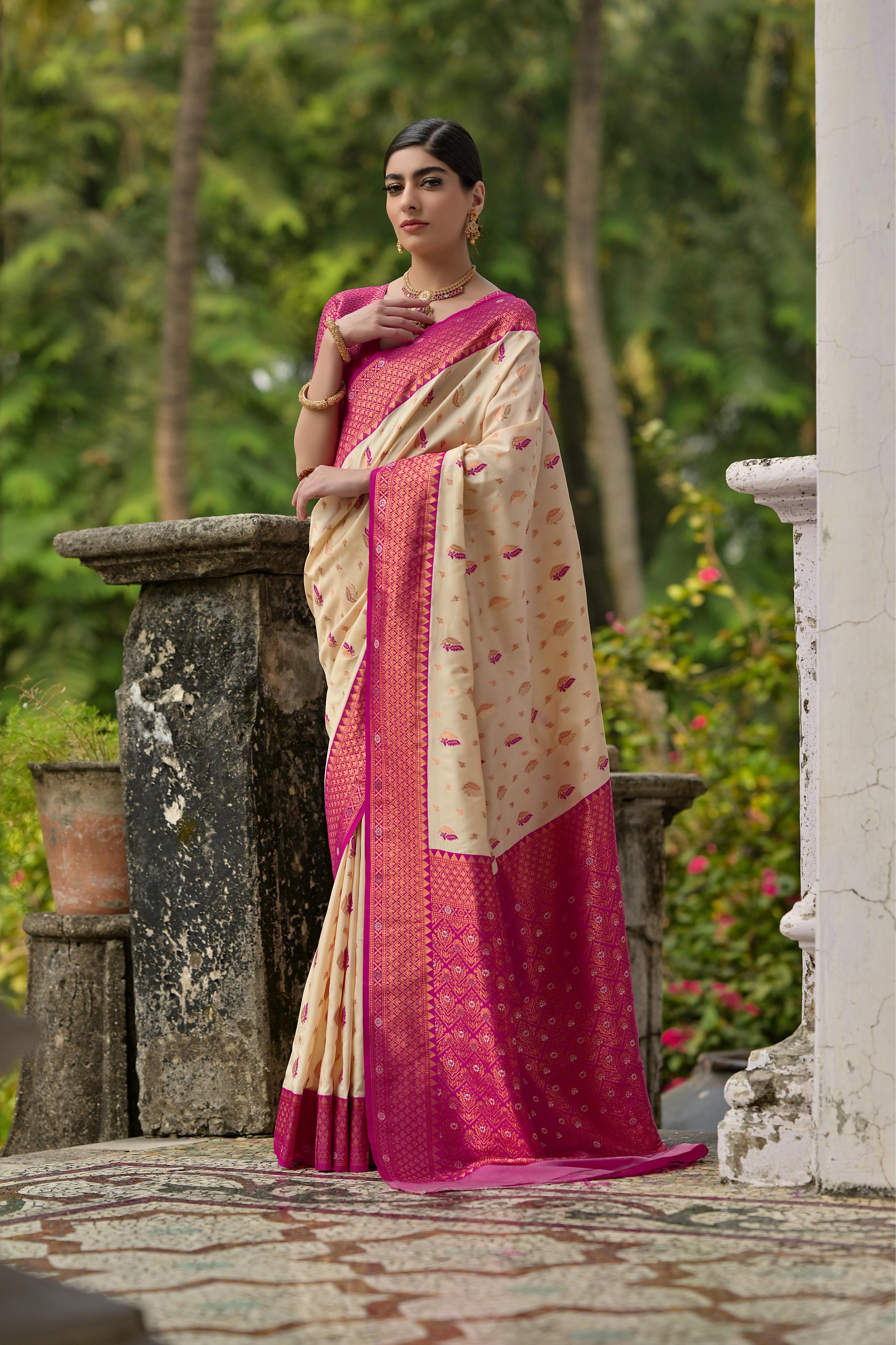 Cream Banarasi Silk Saree with Zari Woven Detail and Blouse