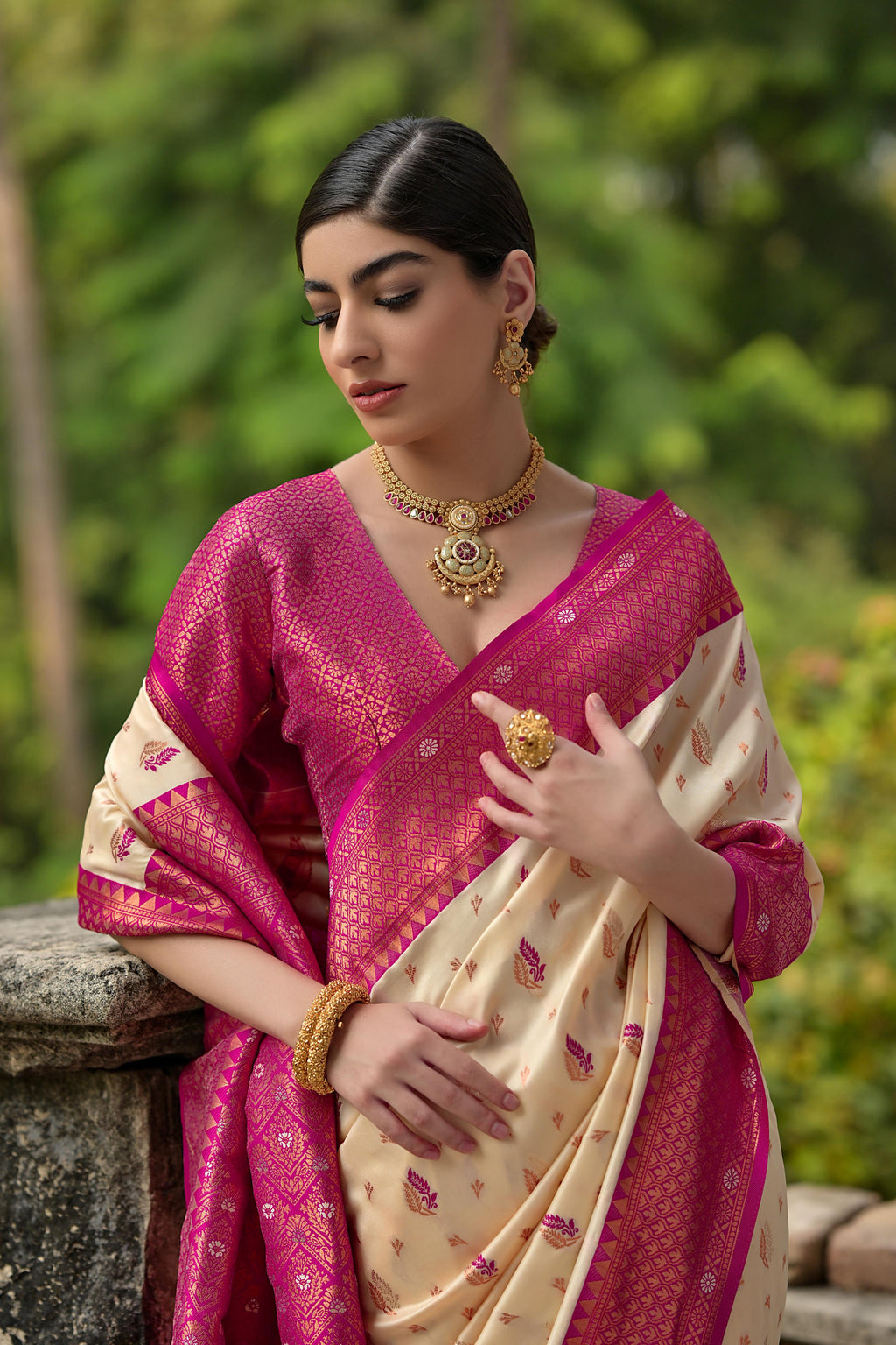Cream Banarasi Silk Saree with Zari Woven Detail and Blouse