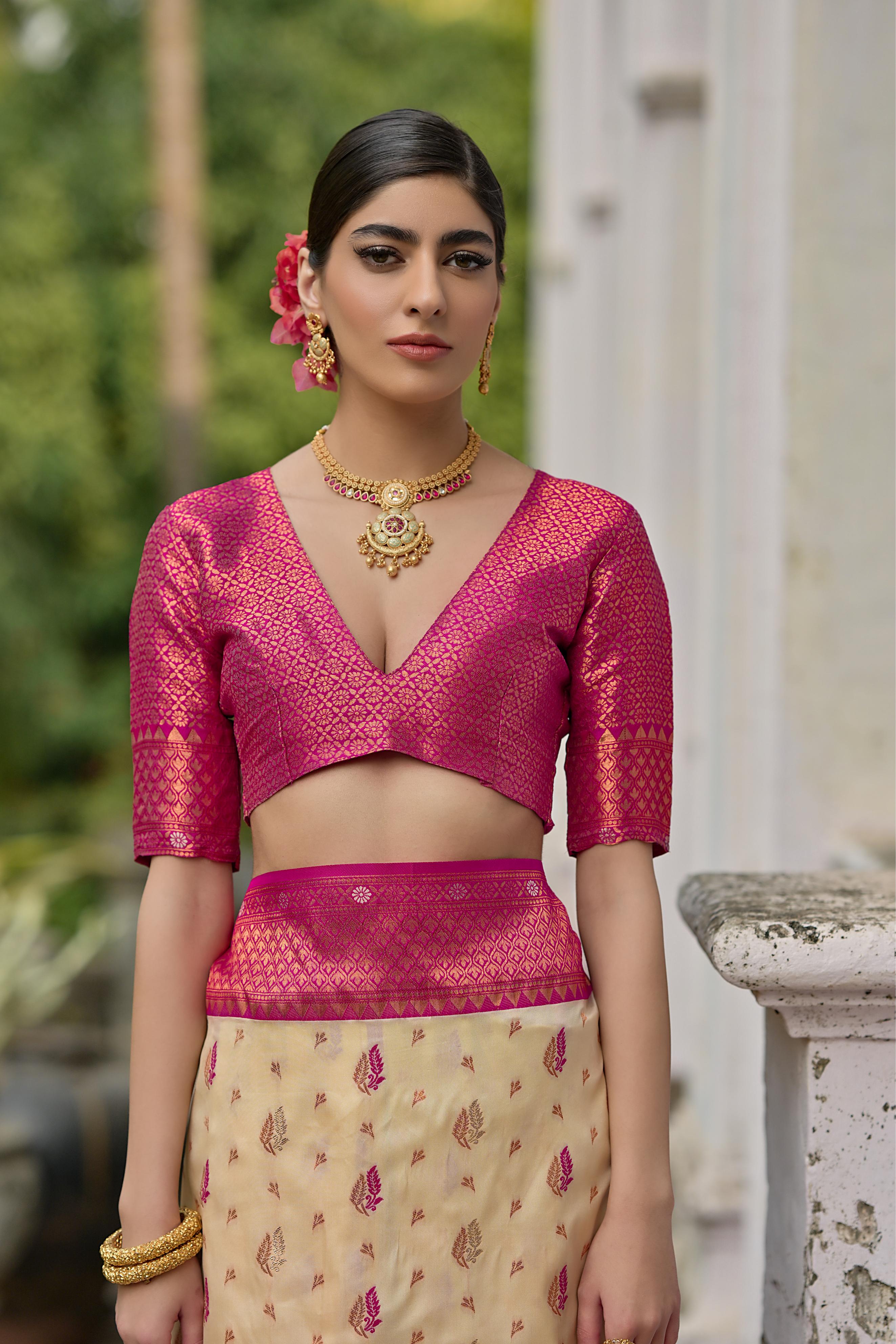 Cream Banarasi Silk Saree with Zari Woven Detail and Blouse