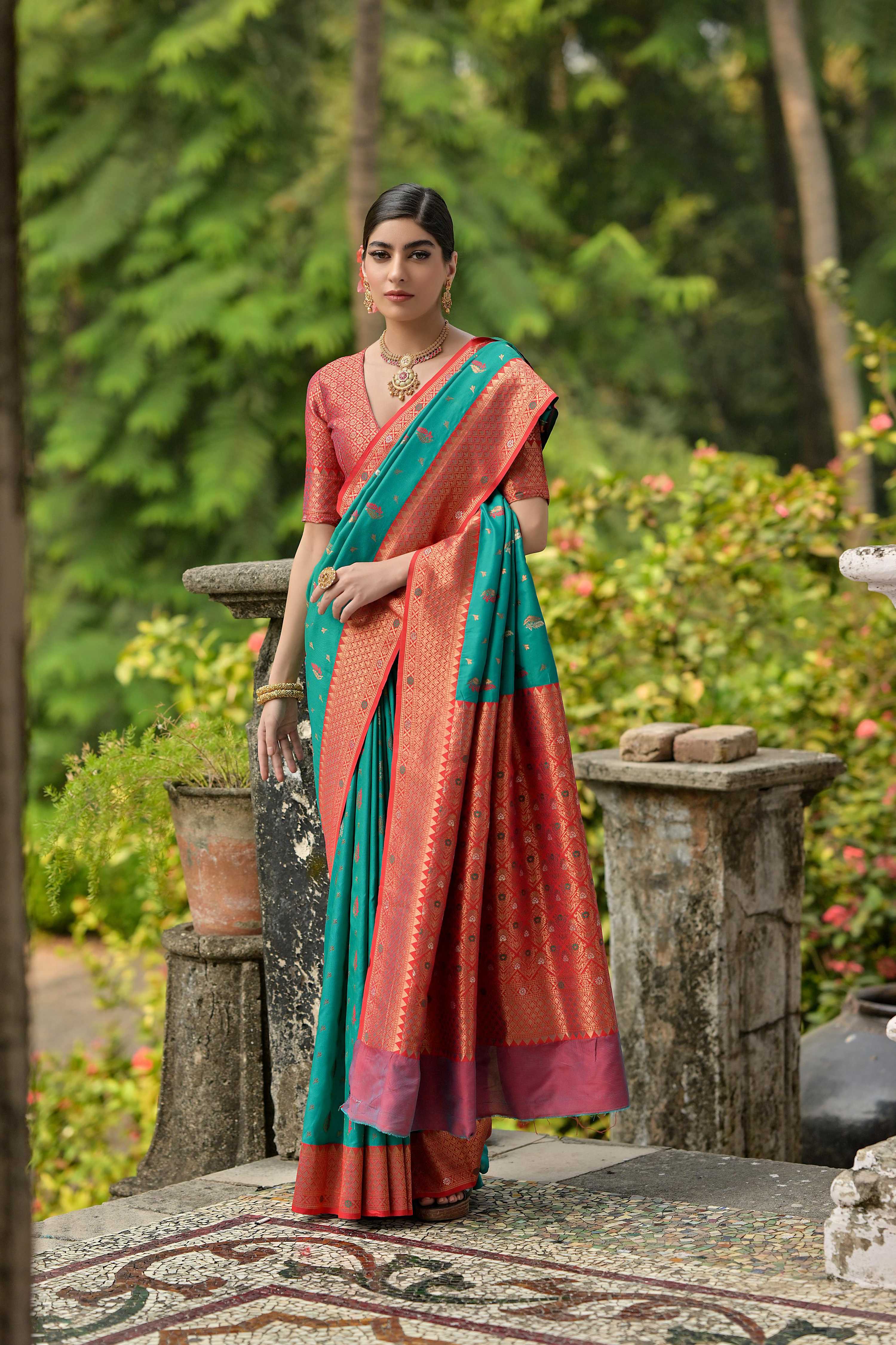Rama Banarasi Silk Saree with Zari Woven Detail and Blouse