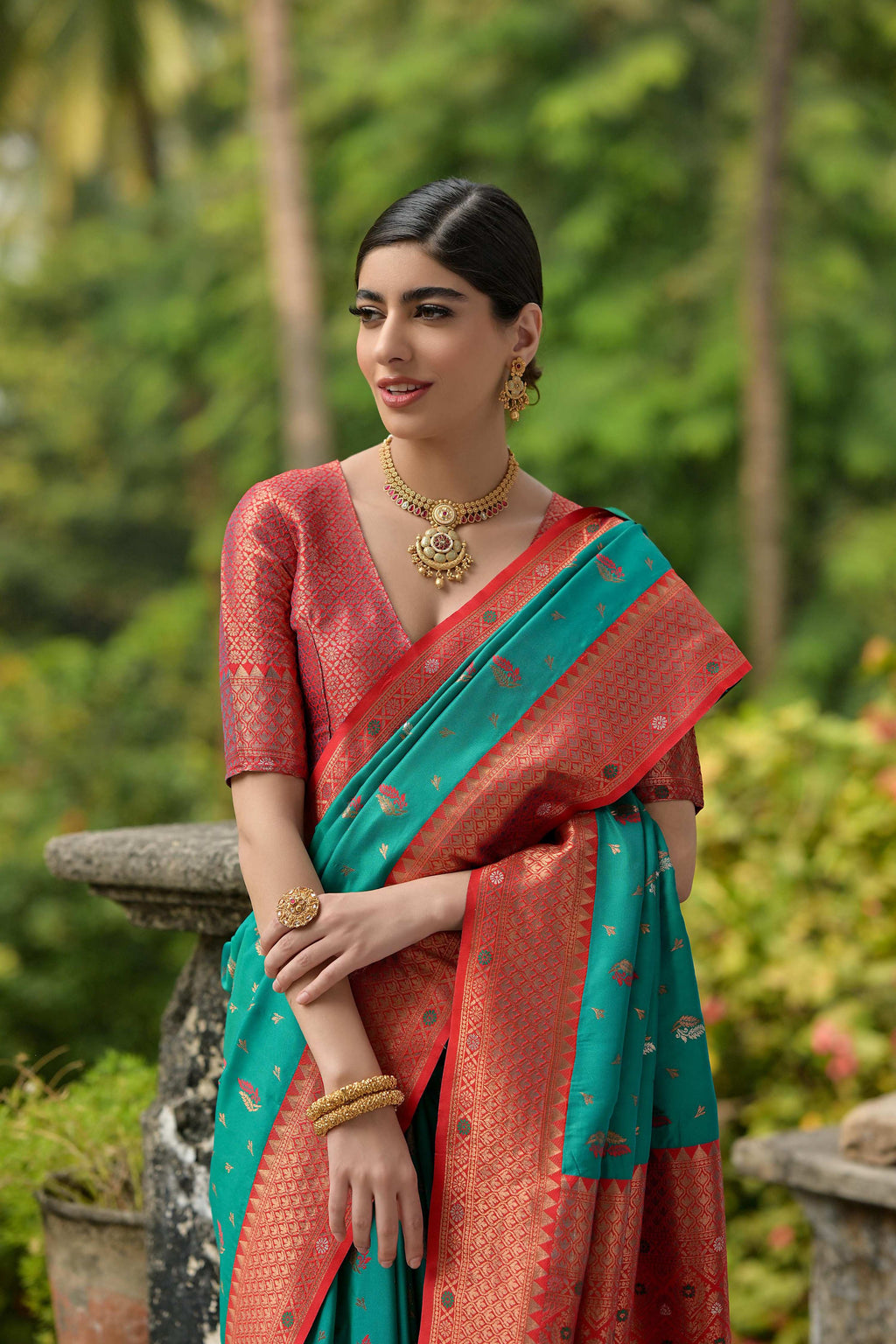 Rama Banarasi Silk Saree with Zari Woven Detail and Blouse