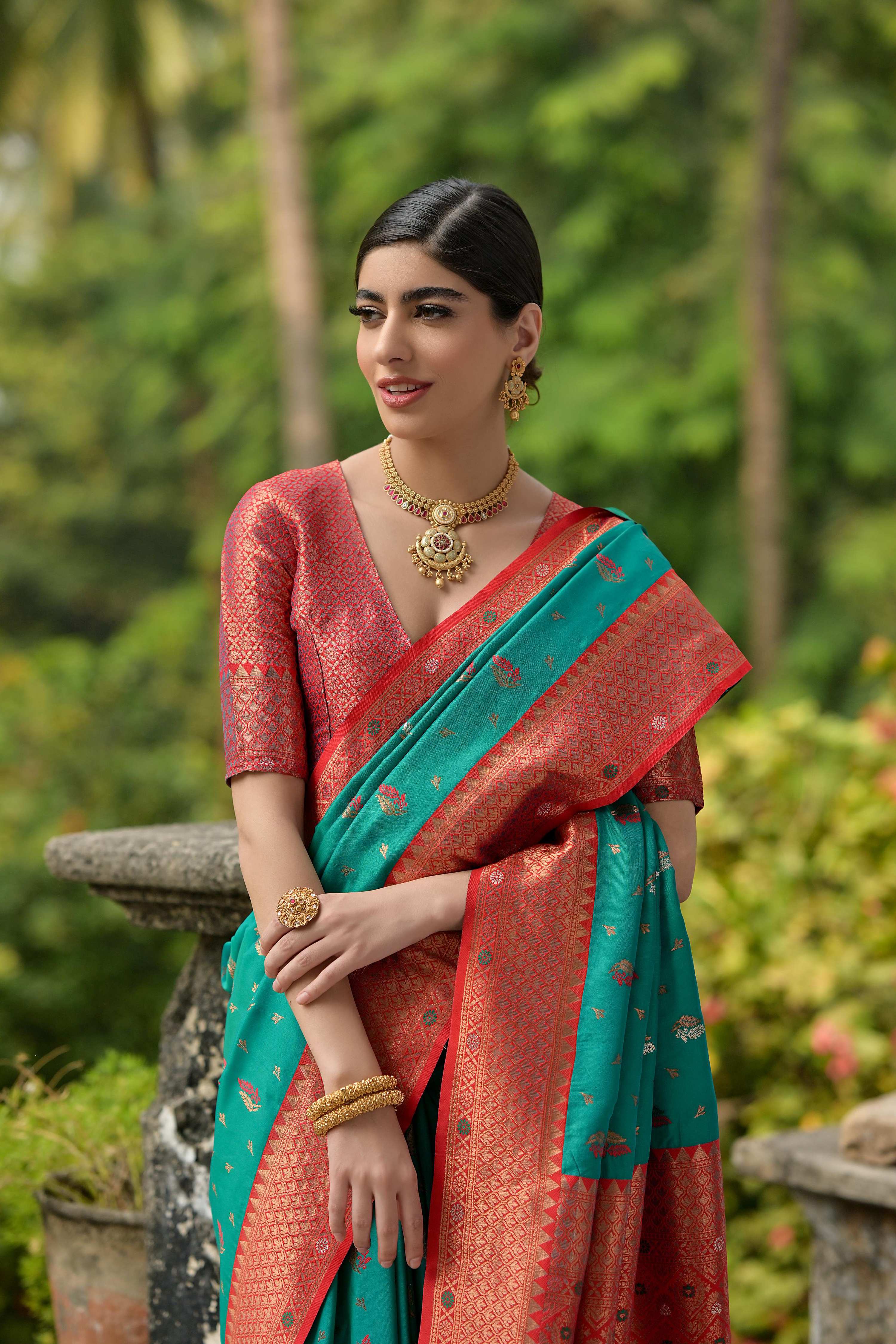 Rama Banarasi Silk Saree with Zari Woven Detail and Blouse