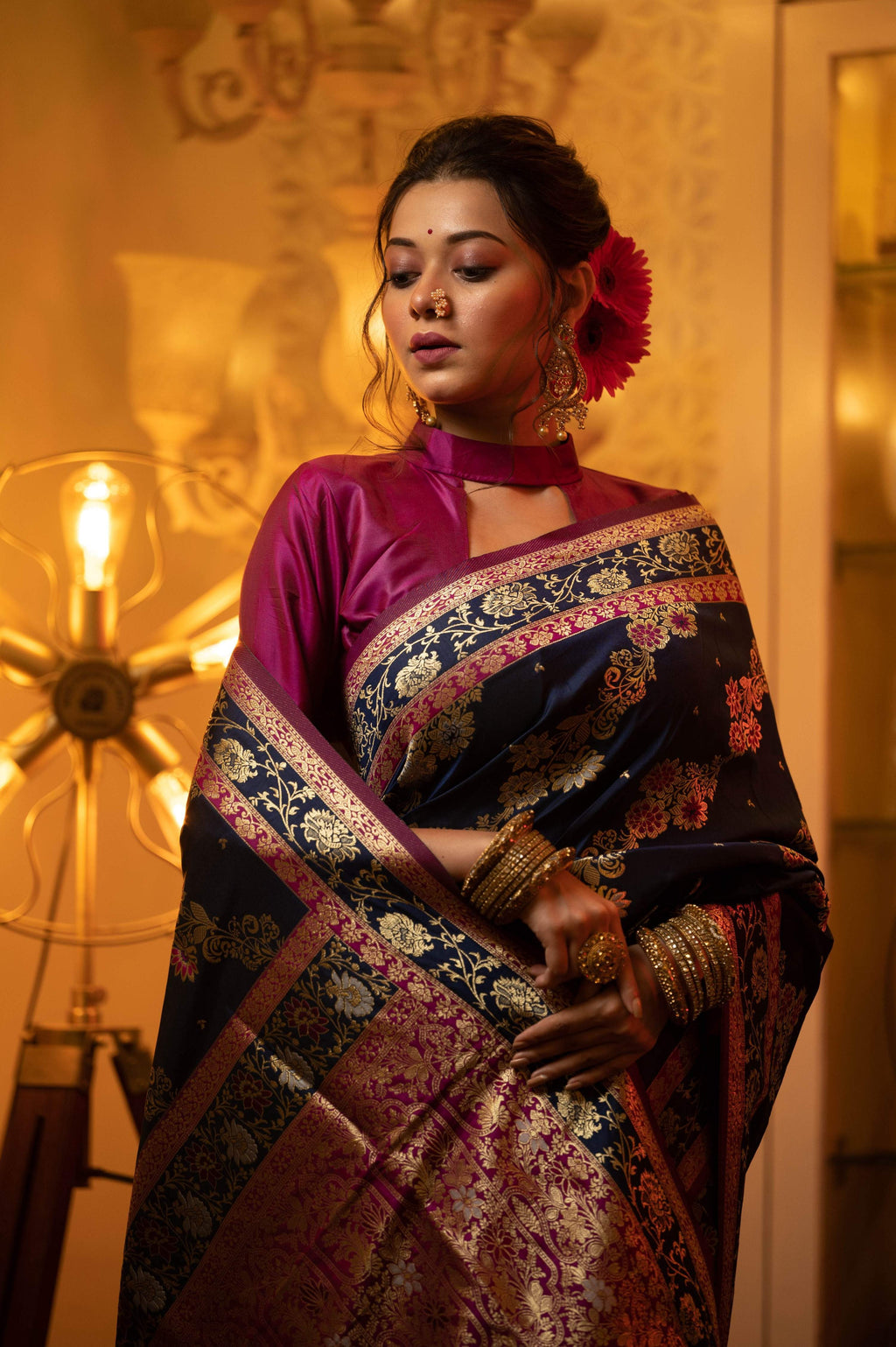 Navy Blue Soft Banarasi Silk Saree with Traditional Zari Weaving