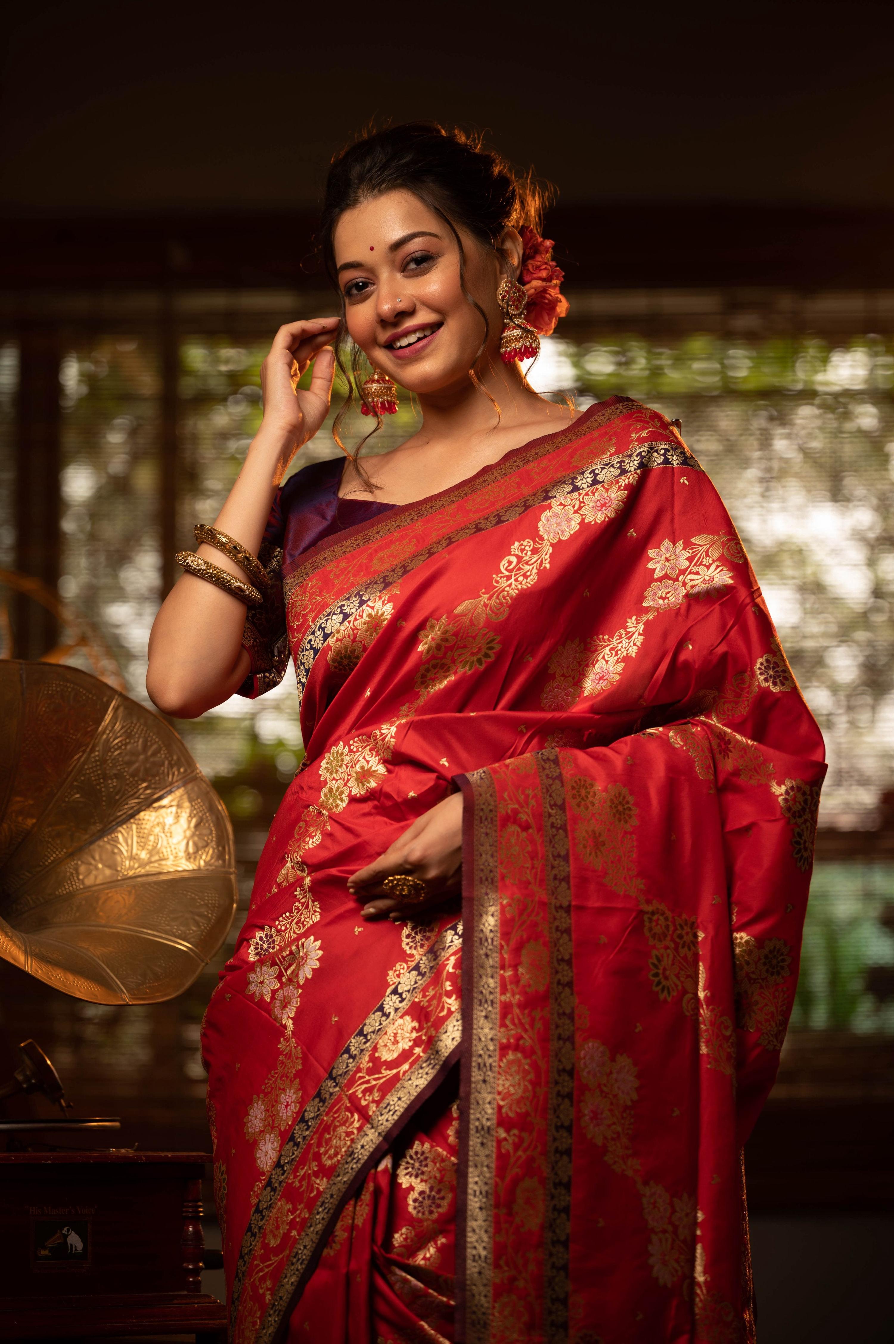 Jyoti Fashion Women's Red Soft Banarasi Silk Zari Woven Traditional Saree with Blouse