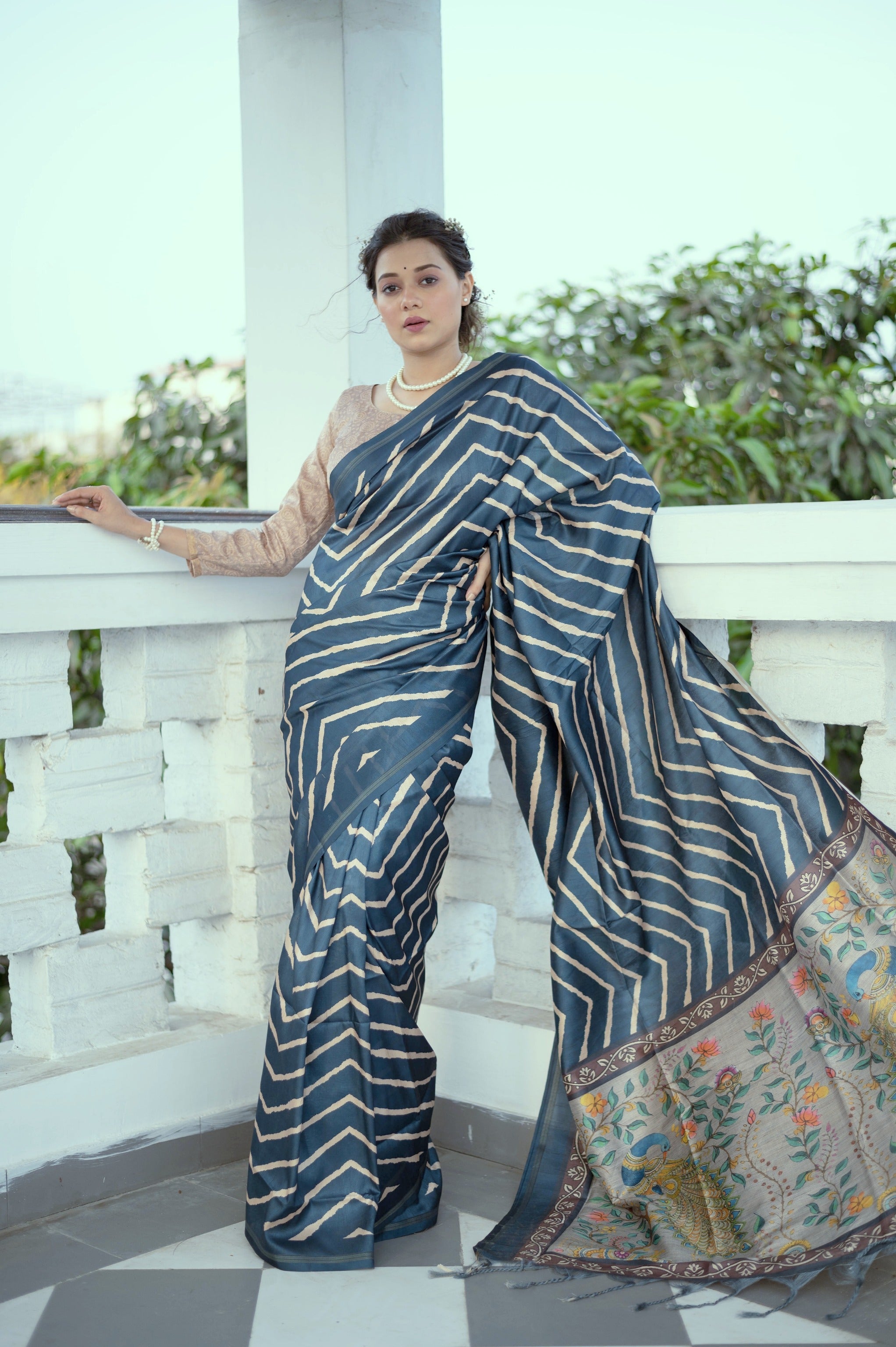Blue Tussar Silk Leheriya Print Saree with Zari Border and Blouse