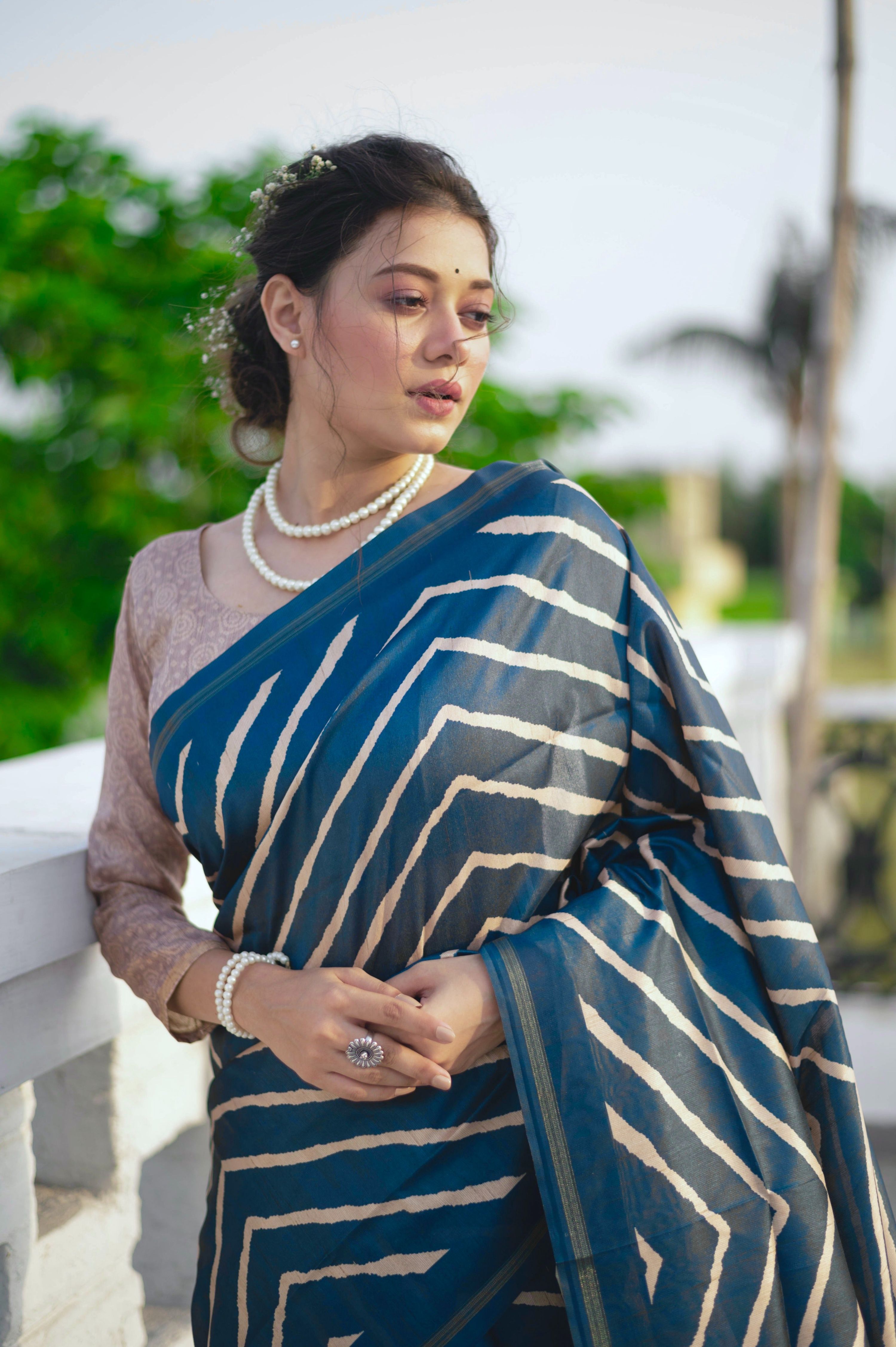 Blue Tussar Silk Leheriya Print Saree with Zari Border and Blouse