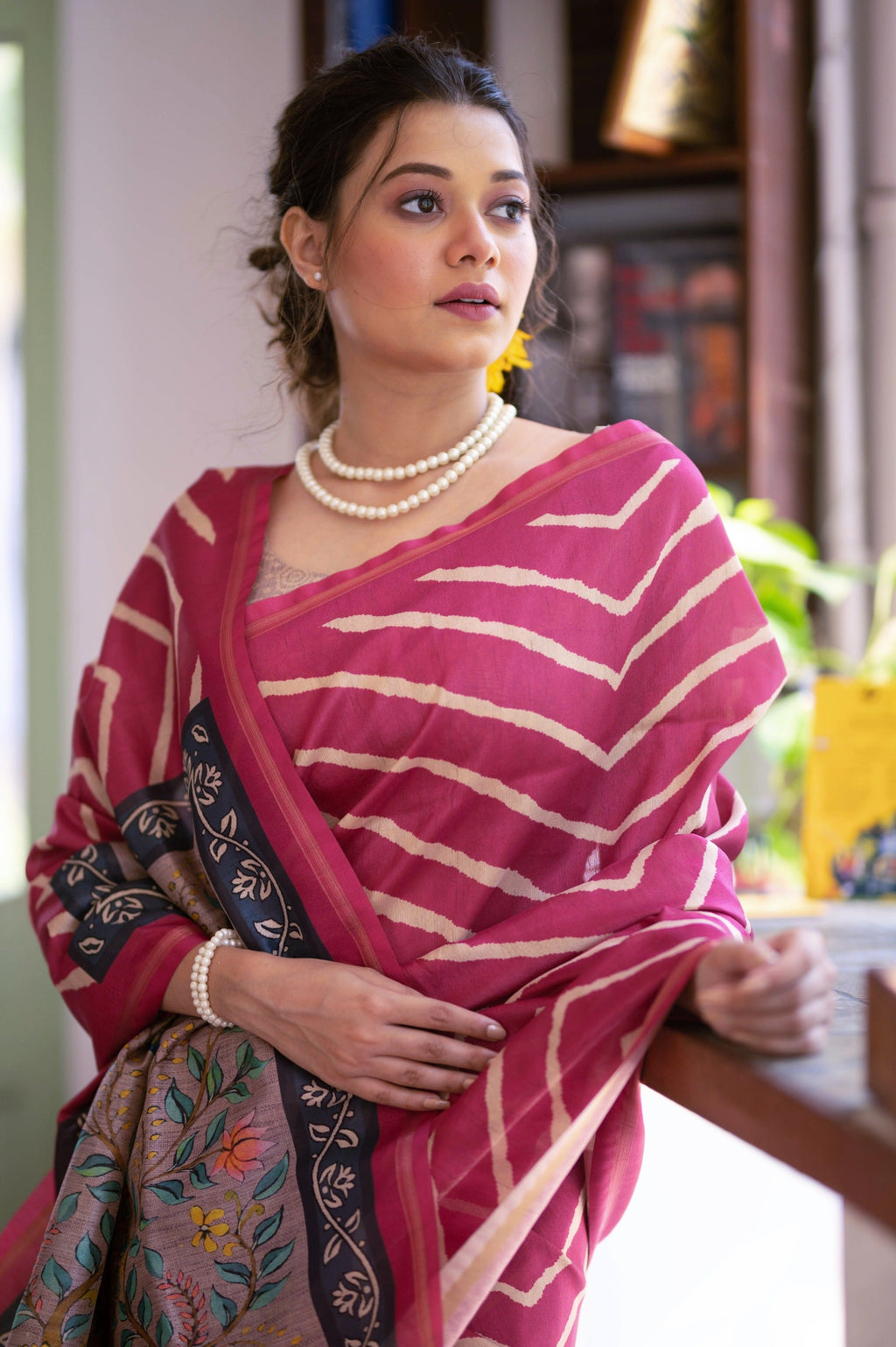 Jyoti Fashion Women's Pink Tussar Silk Leheriya Print with Zari Border Saree with Blouse