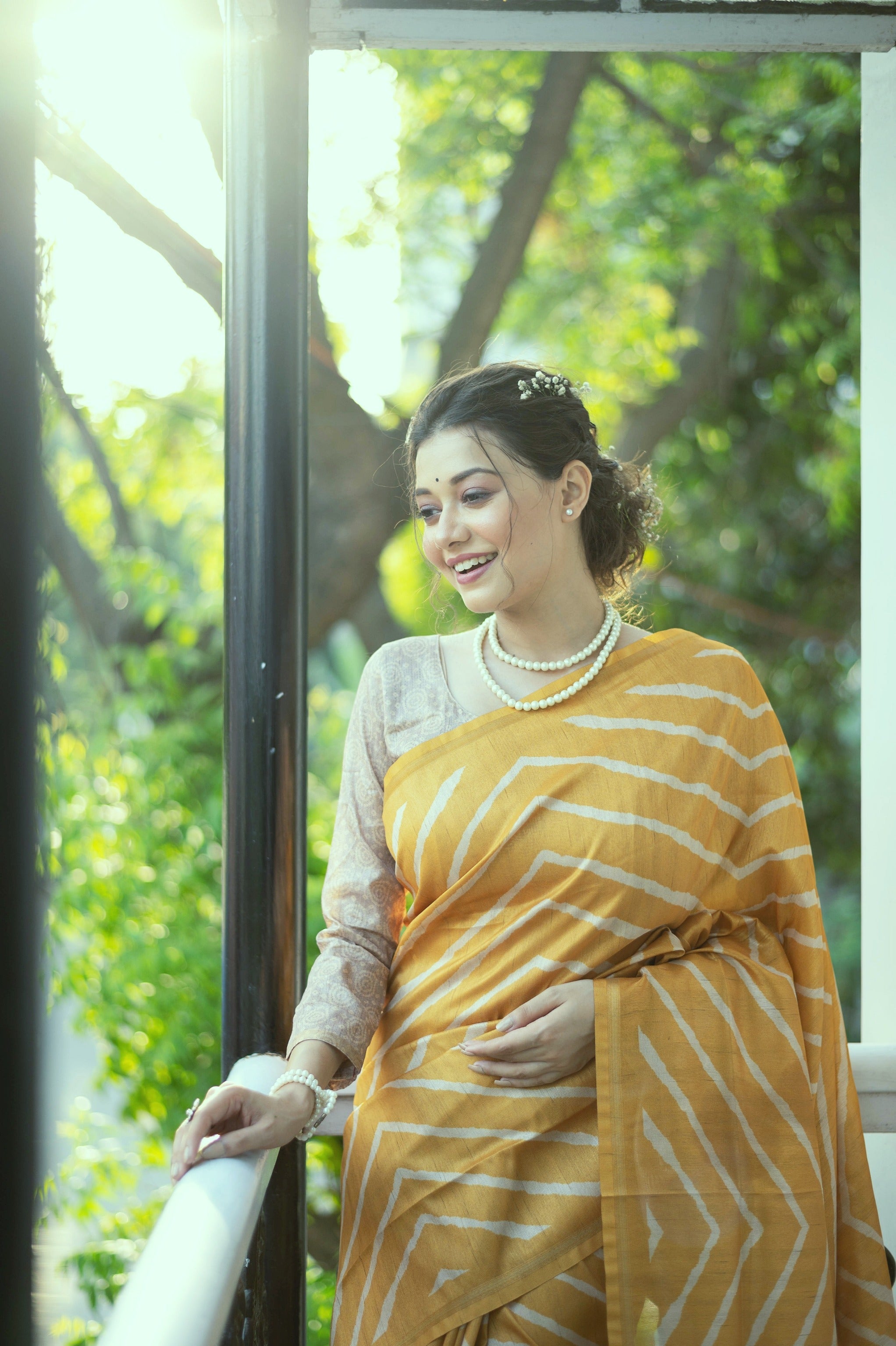 Women's Yellow Tussar Silk Leheriya Saree with Zari Border