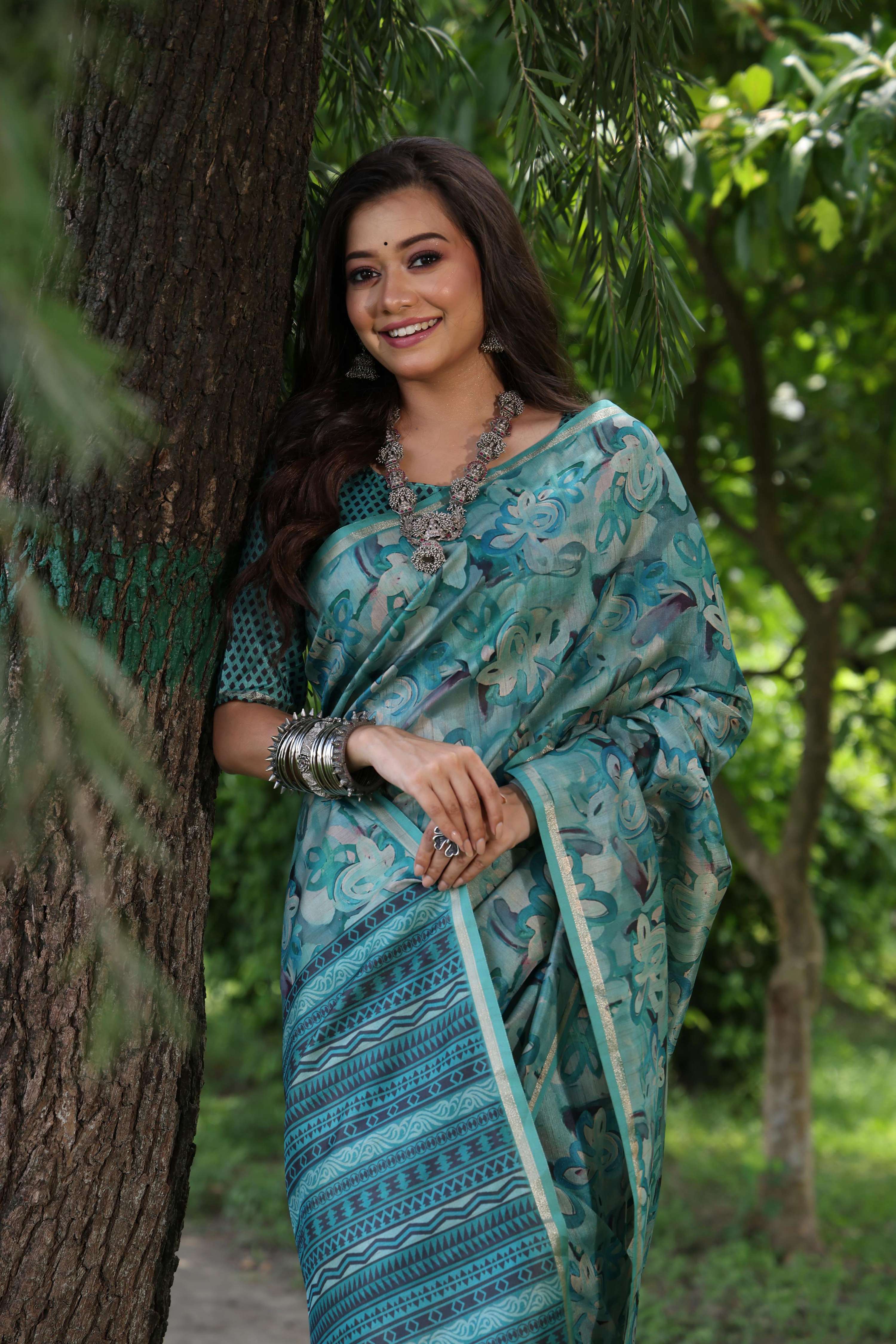 Sky Blue Soft Tussar Silk Saree with Zari Woven Border and Blouse
