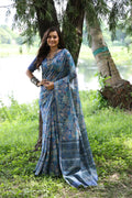 Blue Soft Tussar Silk saree with intricate Zari weaving and elegant floral prints.