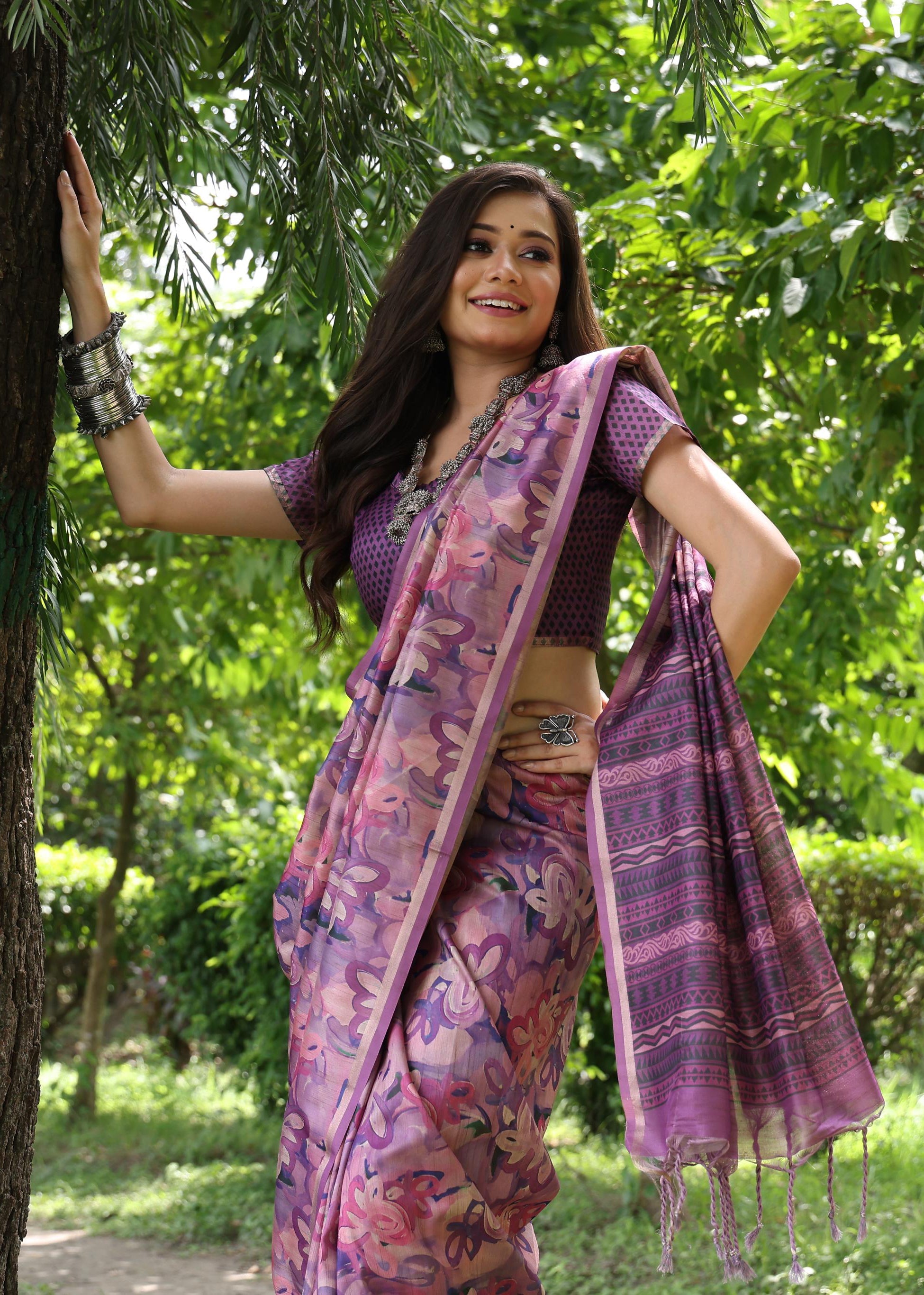 Women's Purple Soft Tussar Silk Printed and Zari Woven Saree