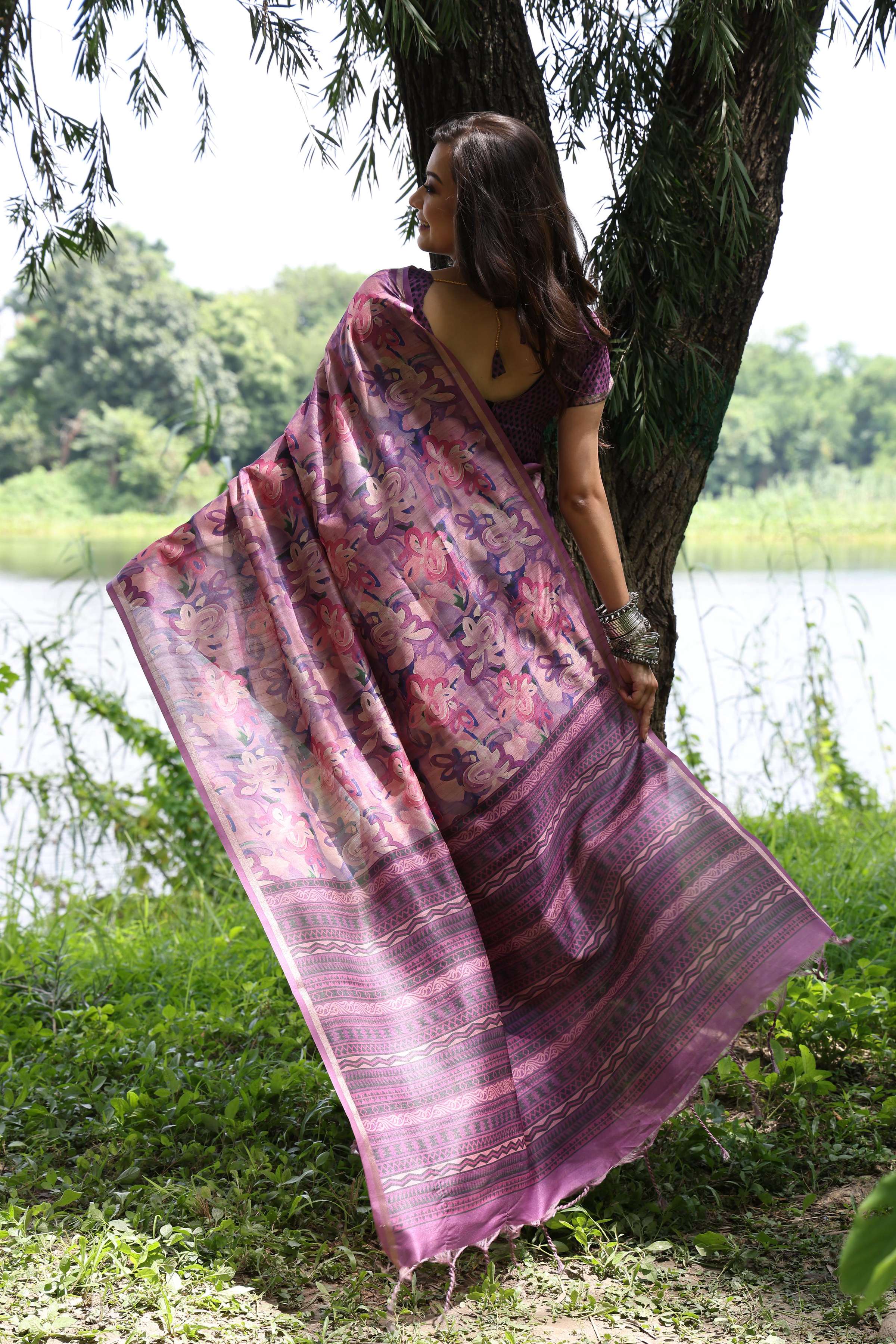 Jyoti Fashion Women's Maroon Soft Tussar Silk Printed and Zari Woven Saree with Blouse