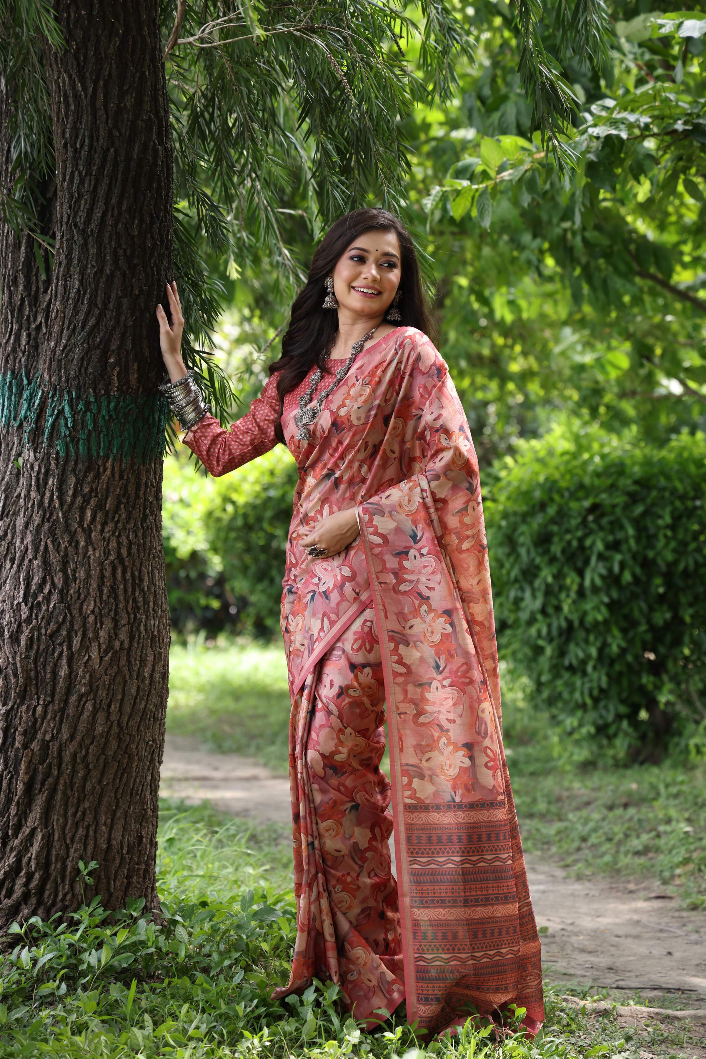 Jyoti Fashion Women's Maroon Soft Tussar Silk Printed and Zari Woven Saree with Blouse