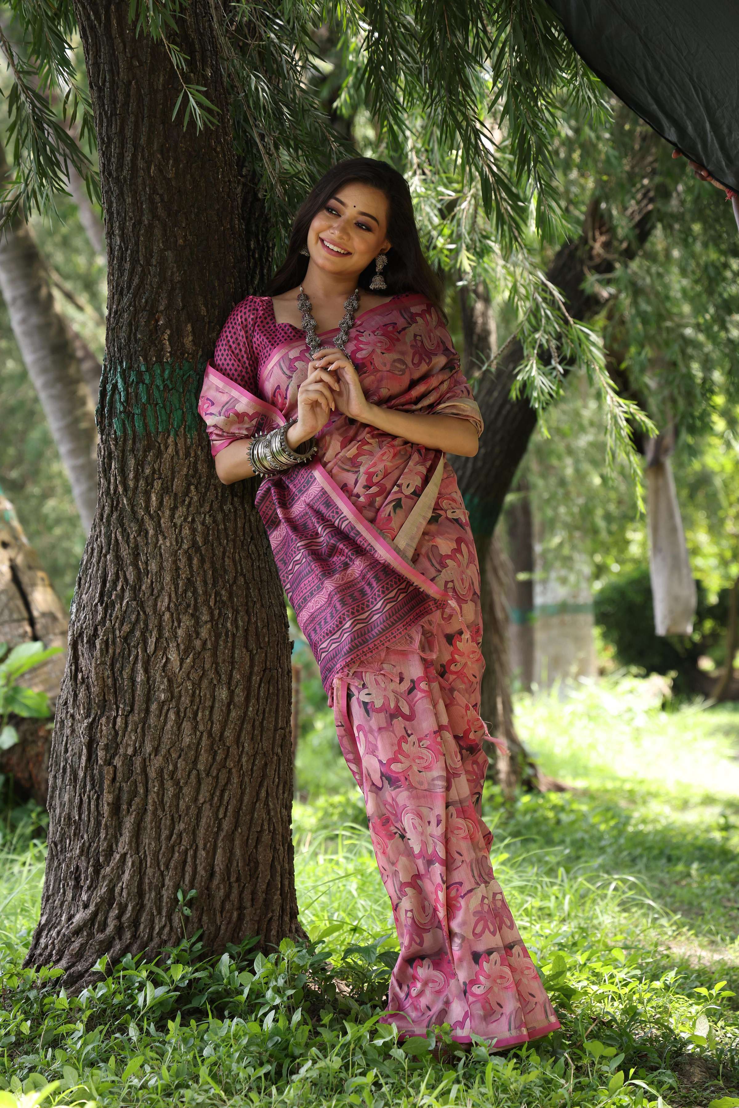 Wine Soft Tussar Silk Printed Saree with Zari Woven Details