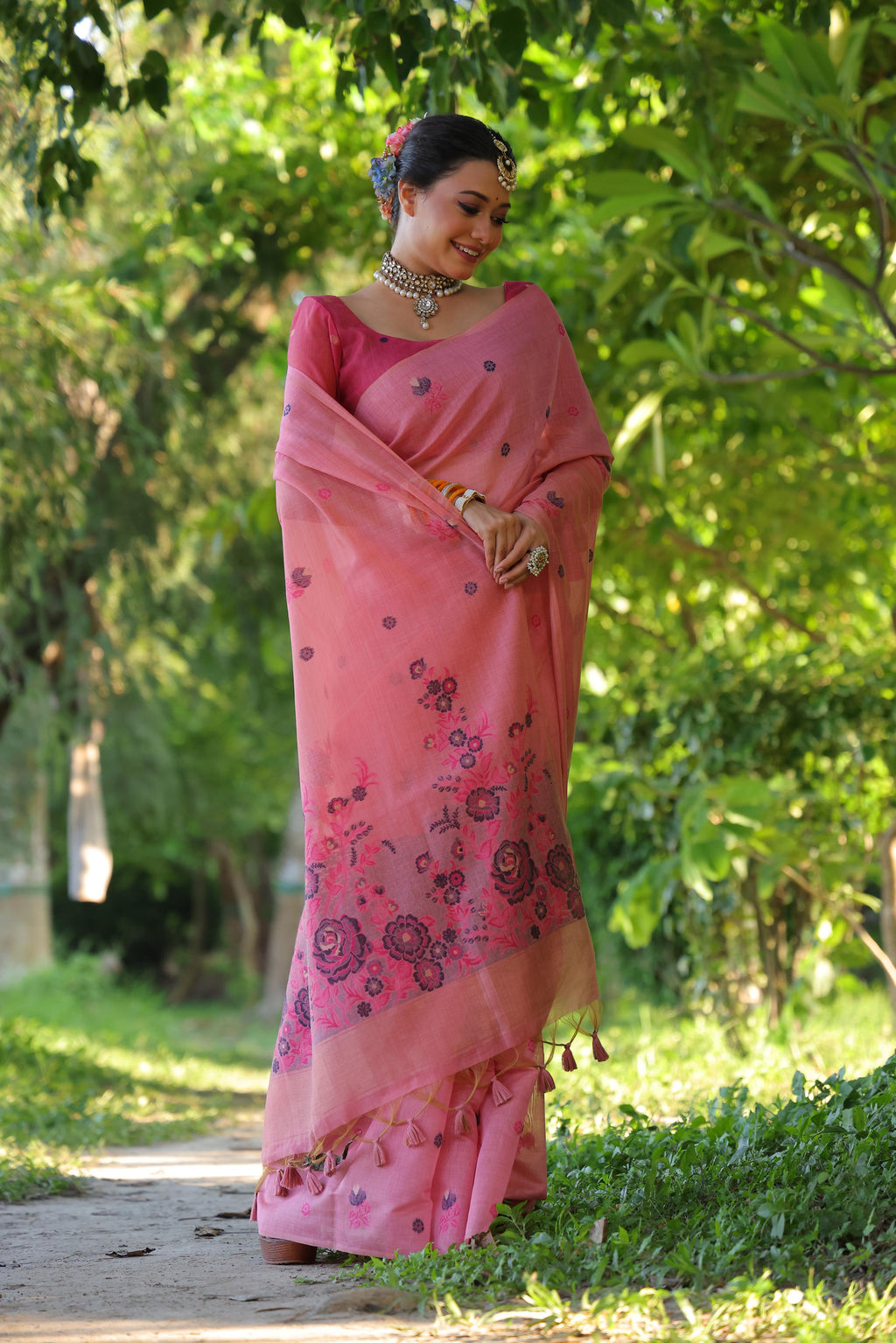 Pink Soft Muga Cotton Saree with Floral Weaving and Blouse