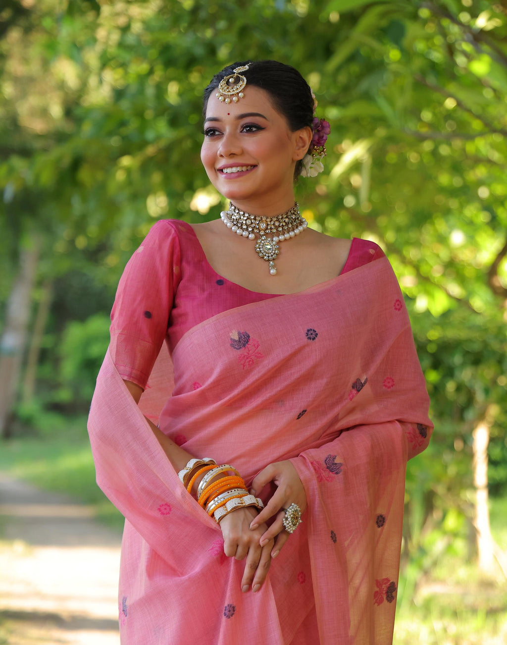 Pink Soft Muga Cotton Saree with Floral Weaving and Blouse