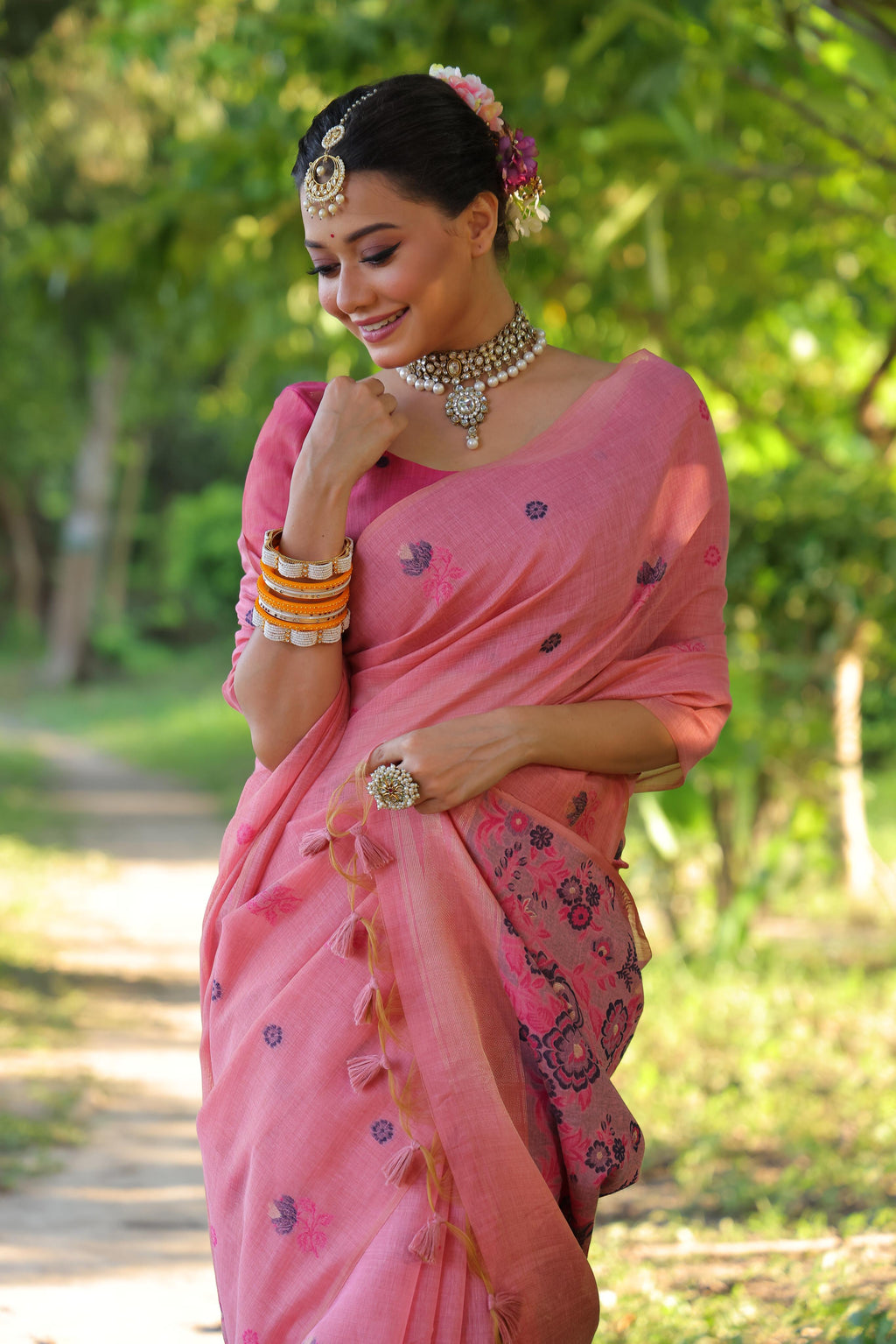 Pink Soft Muga Cotton Saree with Floral Weaving and Blouse