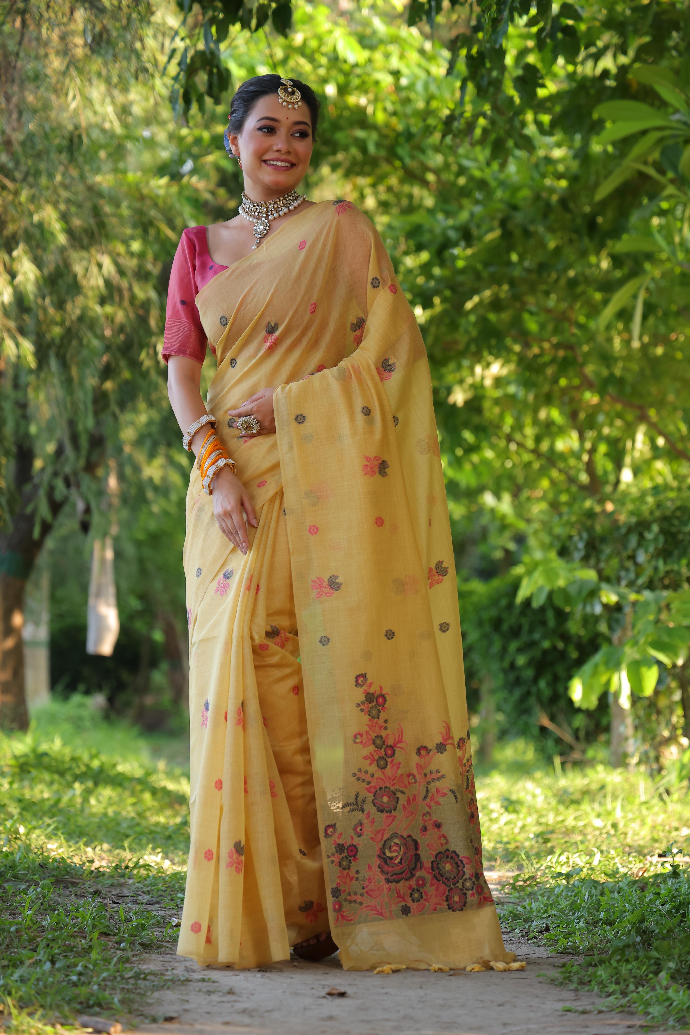 Mustard Soft Muga Cotton Saree with Floral Weaving and Blouse