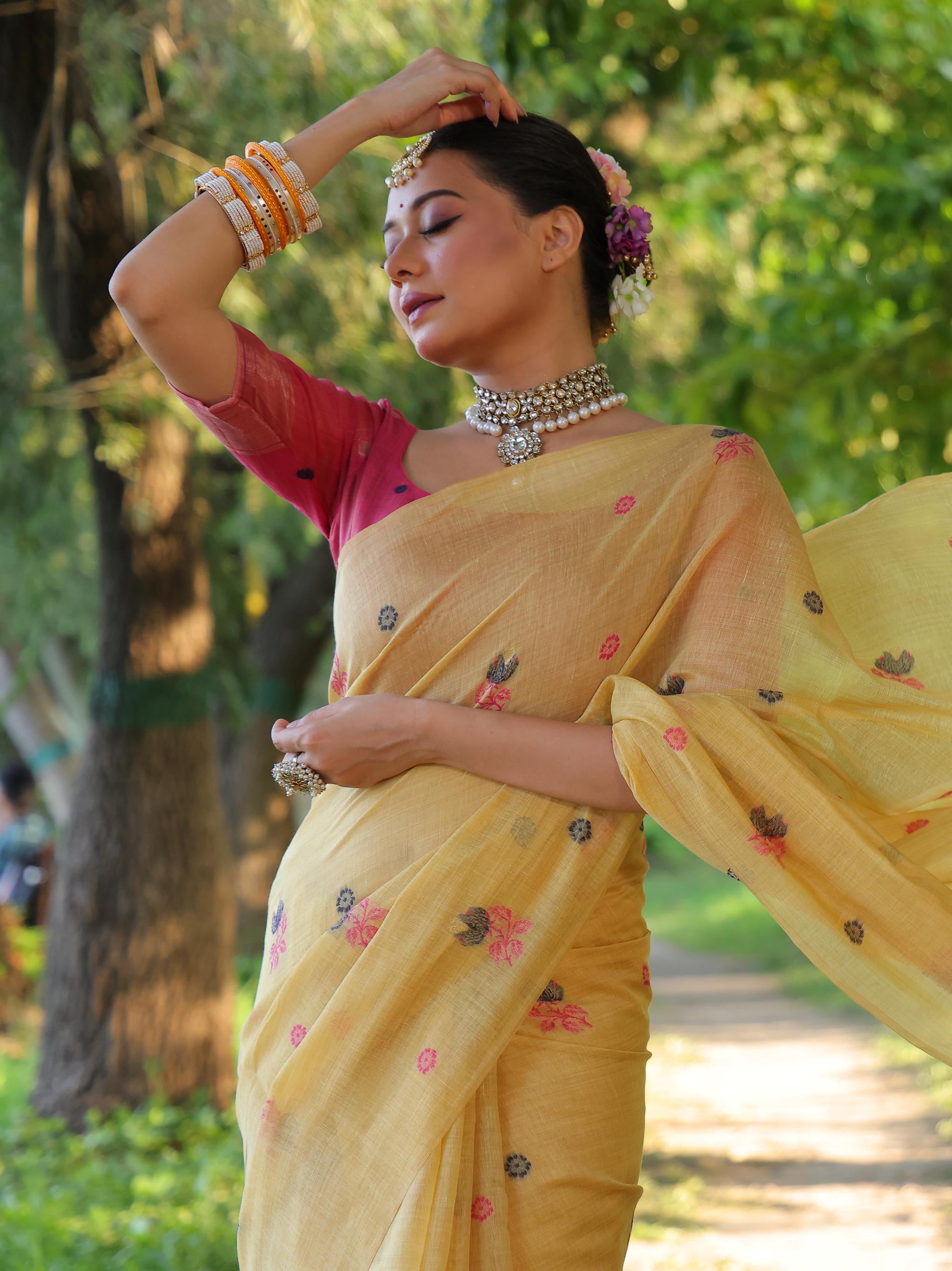 Mustard Soft Muga Cotton Saree with Floral Weaving and Blouse