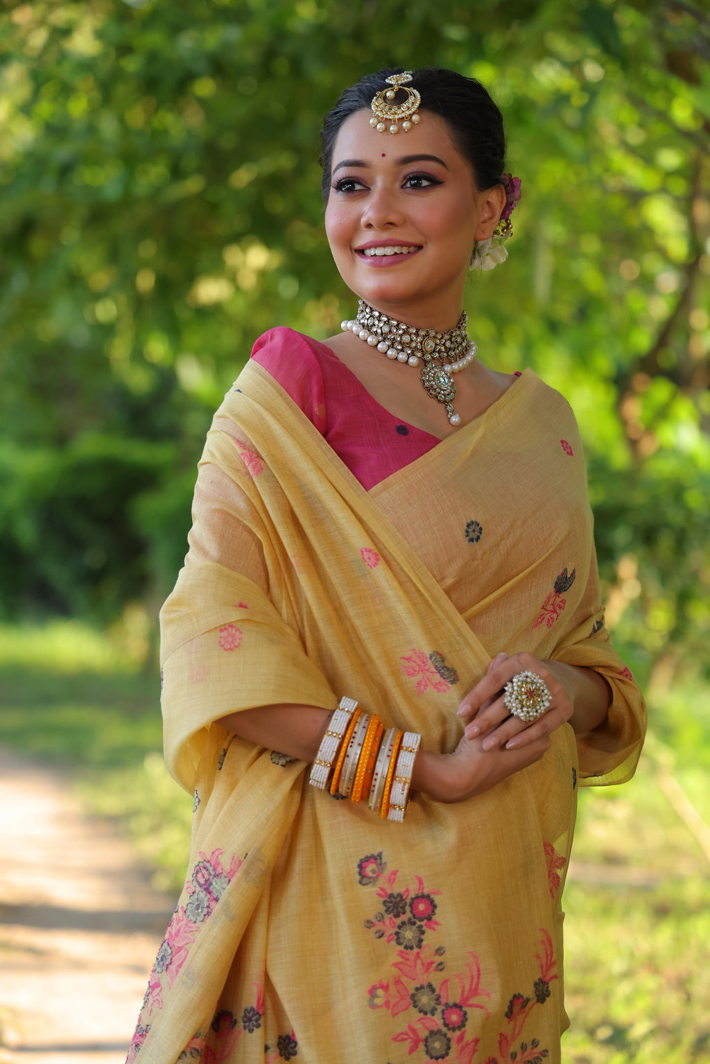 Mustard Soft Muga Cotton Saree with Floral Weaving and Blouse