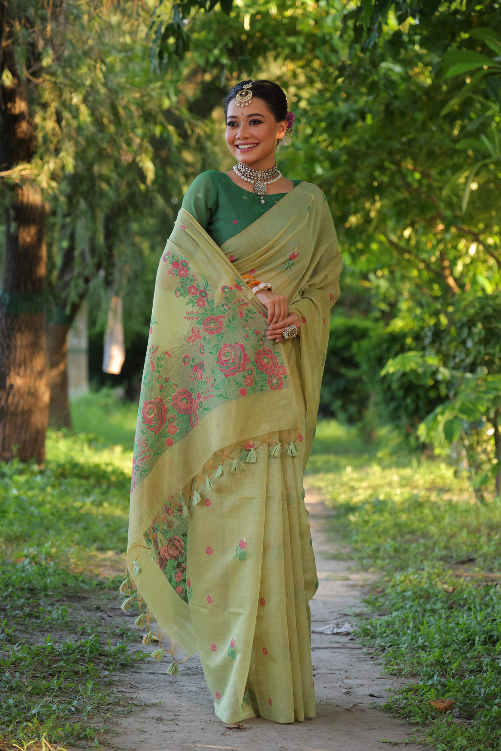 Jyoti Fashion Women's Sea Green Soft Muga Cotton Floral Weaving Traditional Saree with Blouse