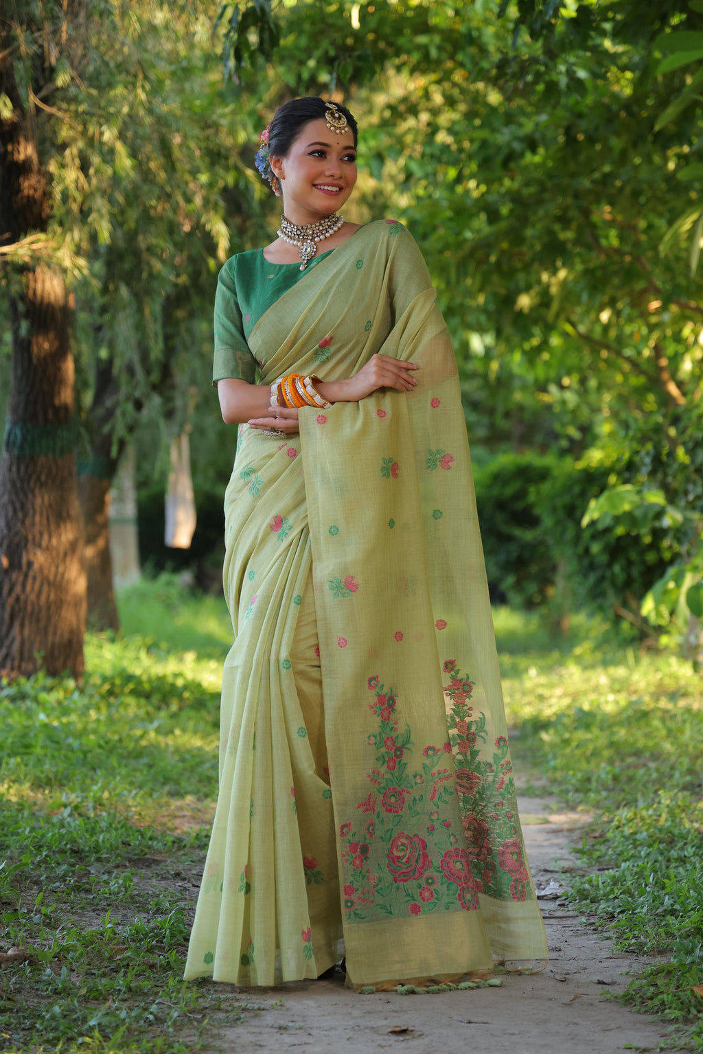 Jyoti Fashion Women's Sea Green Soft Muga Cotton Floral Weaving Traditional Saree with Blouse