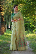 Jyoti Fashion Women's Sea Green Soft Muga Cotton Floral Weaving Traditional Saree with Blouse