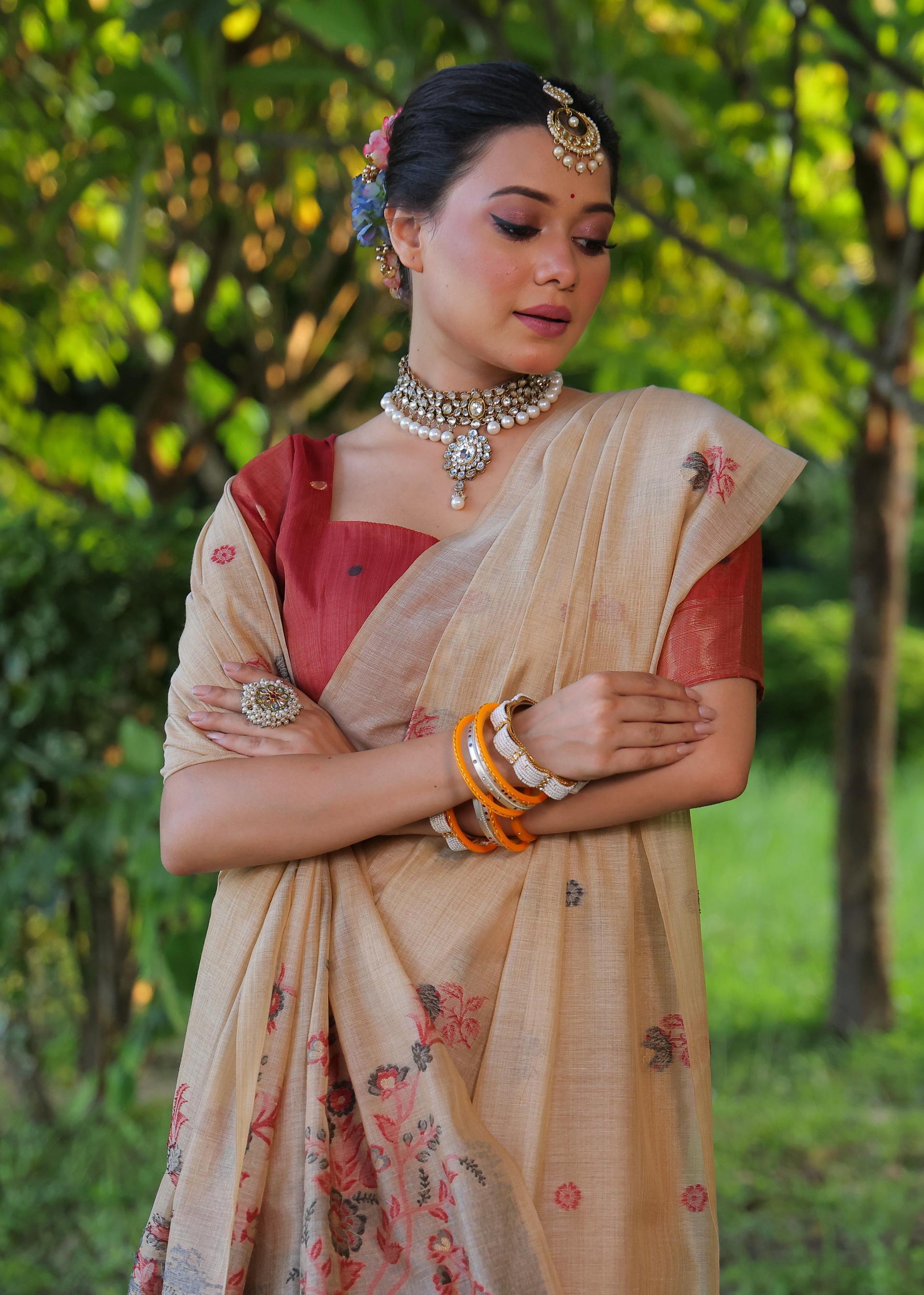 Jyoti Fashion Women's Beige Soft Muga Cotton Floral Weaving Traditional Saree with Blouse