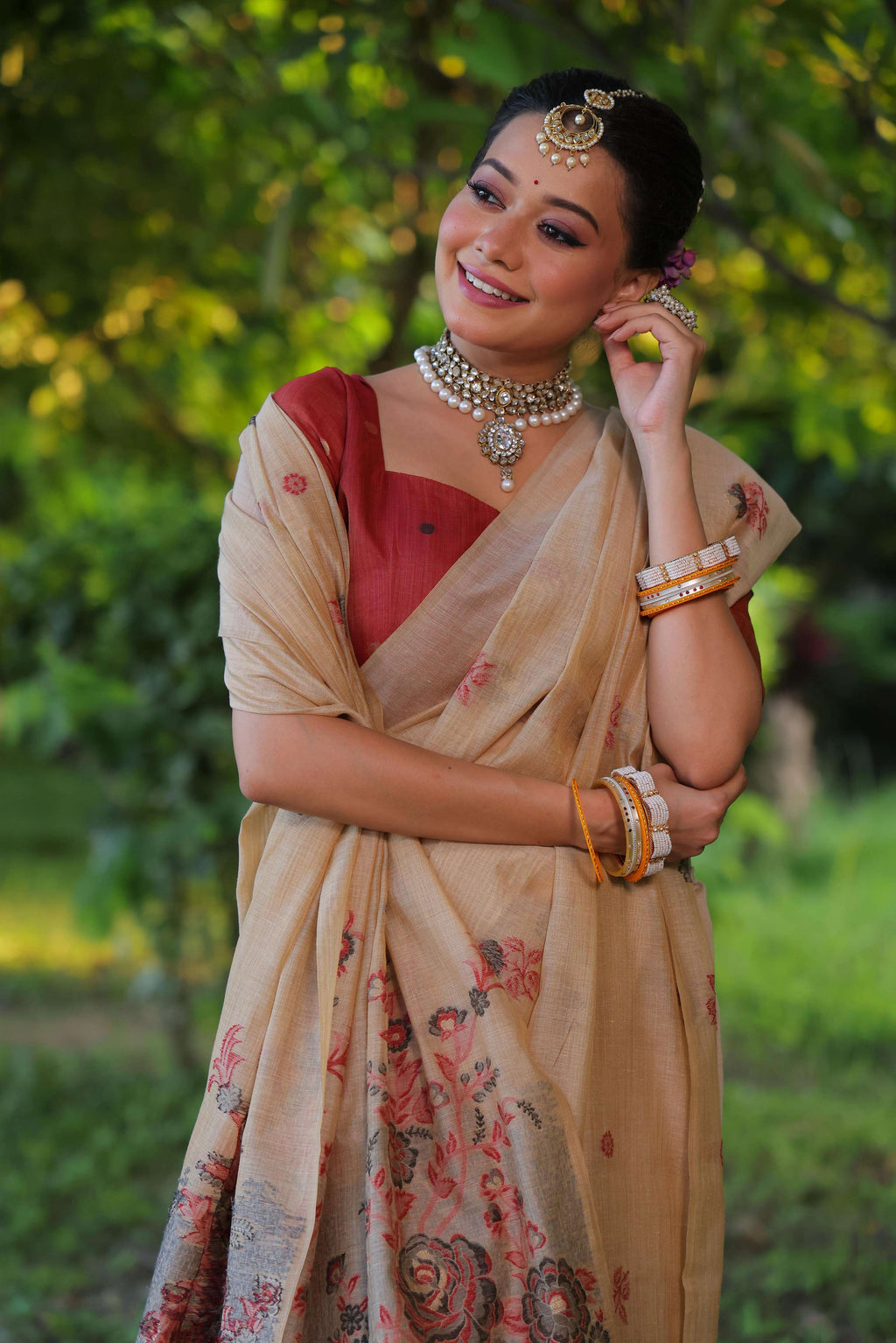 Jyoti Fashion Women's Beige Soft Muga Cotton Floral Weaving Traditional Saree with Blouse