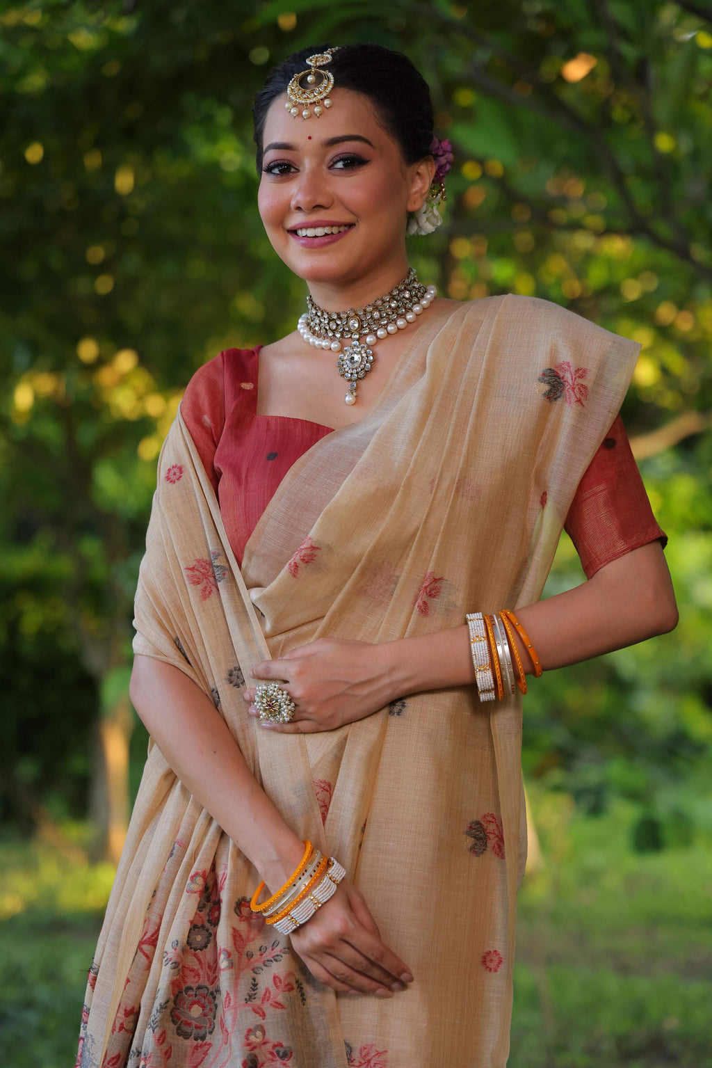 Jyoti Fashion Women's Beige Soft Muga Cotton Floral Weaving Traditional Saree with Blouse