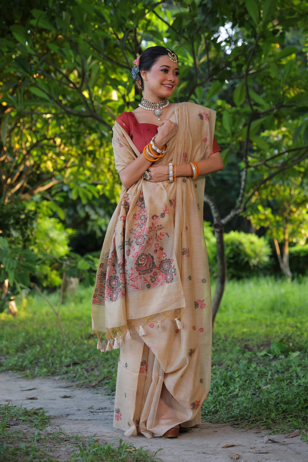 Jyoti Fashion Women's Beige Soft Muga Cotton Floral Weaving Traditional Saree with Blouse