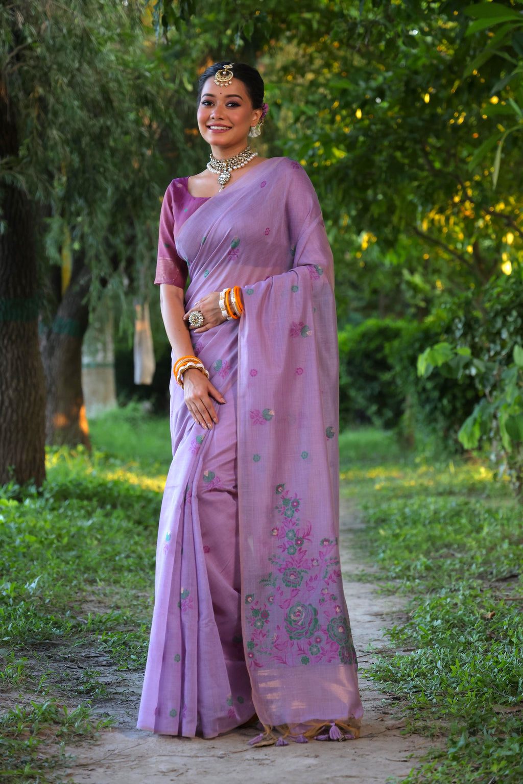 Jyoti Fashion Women's Purple Soft Muga Cotton Floral Weaving Traditional Saree with Blouse