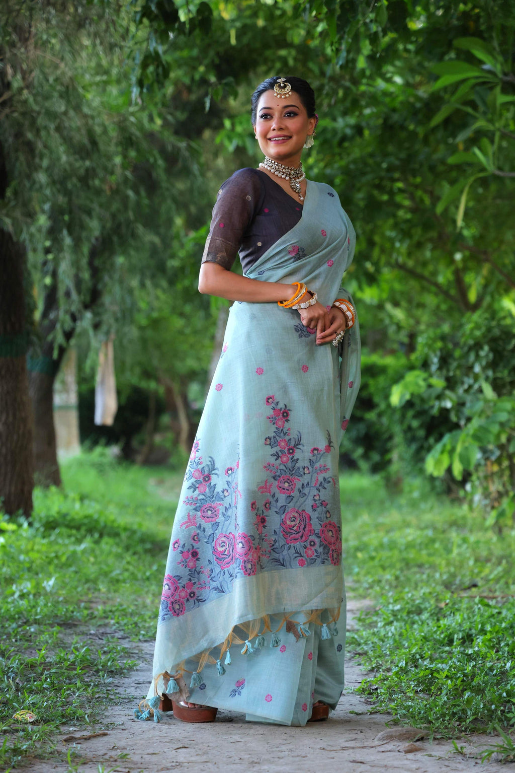 Sky Blue Soft Muga Cotton Floral Weaving Traditional Saree