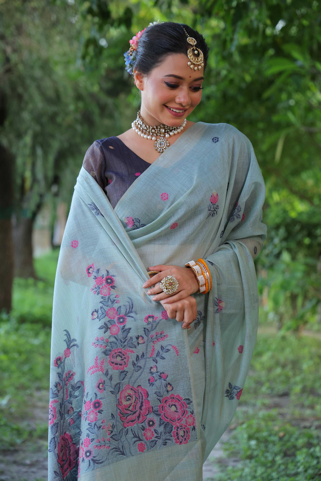 Sky Blue Soft Muga Cotton Floral Weaving Traditional Saree