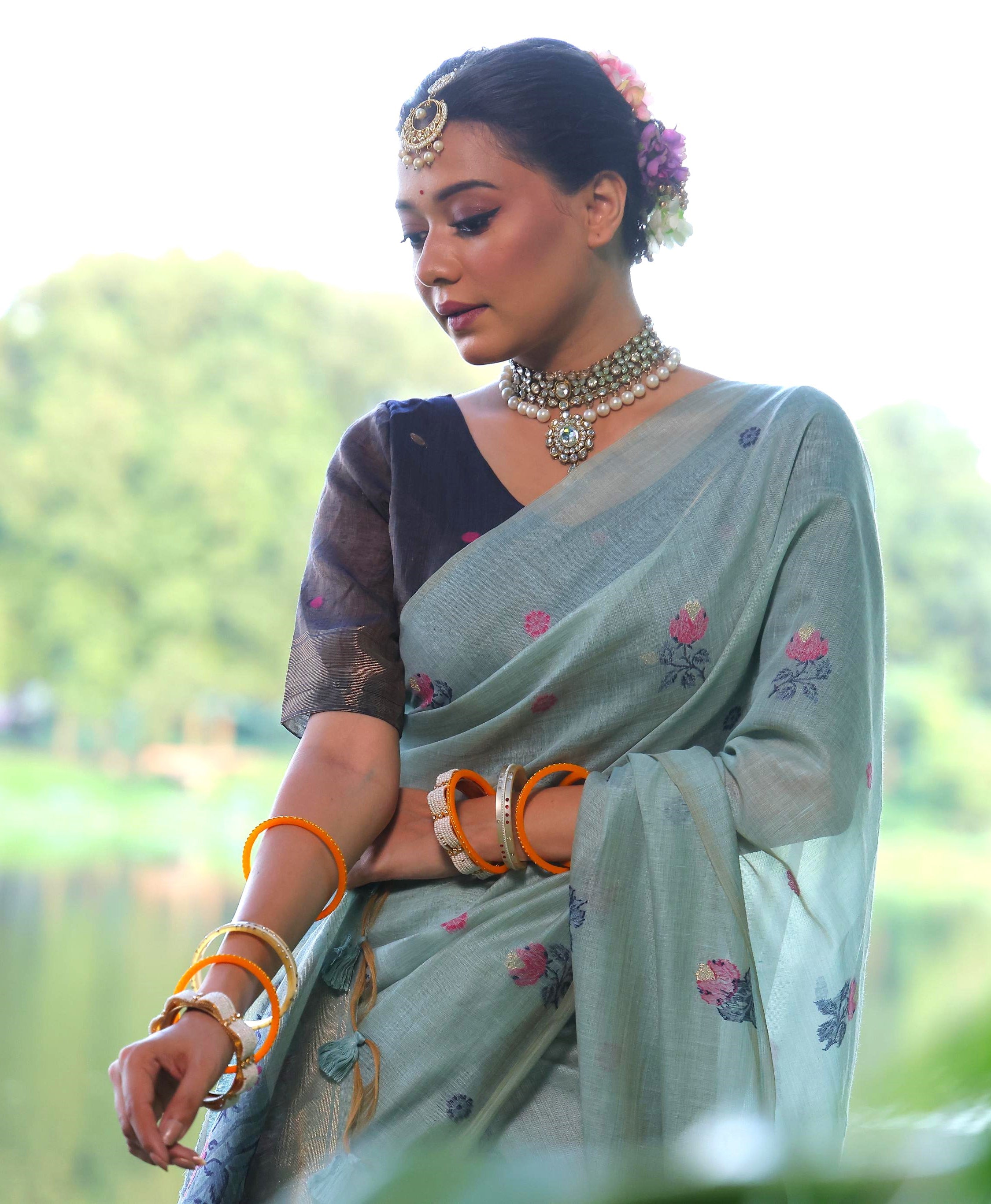 Sky Blue Soft Muga Cotton Floral Weaving Traditional Saree