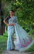 Sky Blue soft Muga cotton saree with delicate floral weaving and matching blouse fabric