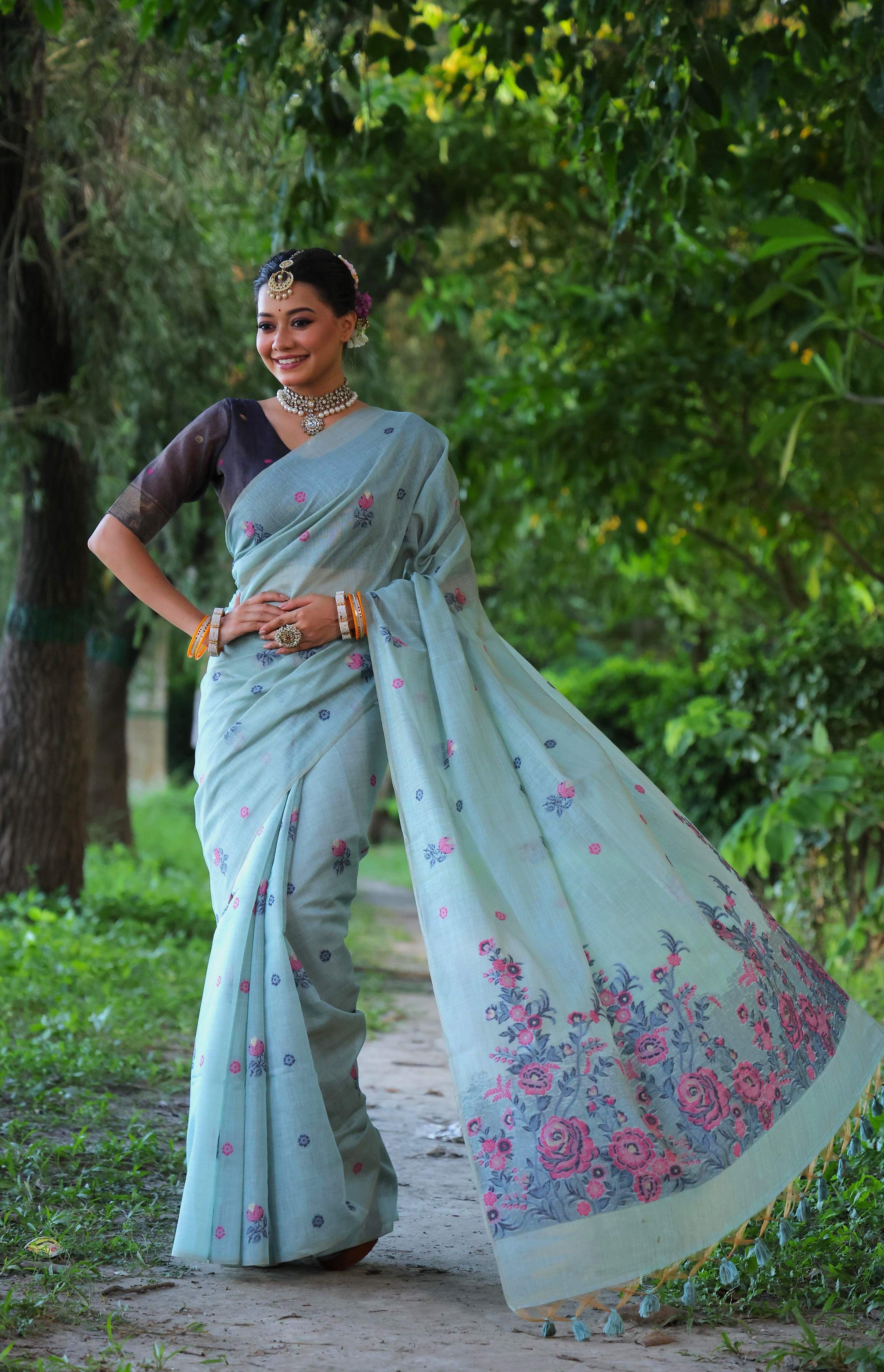 Sky Blue soft Muga cotton saree with delicate floral weaving and matching blouse fabric