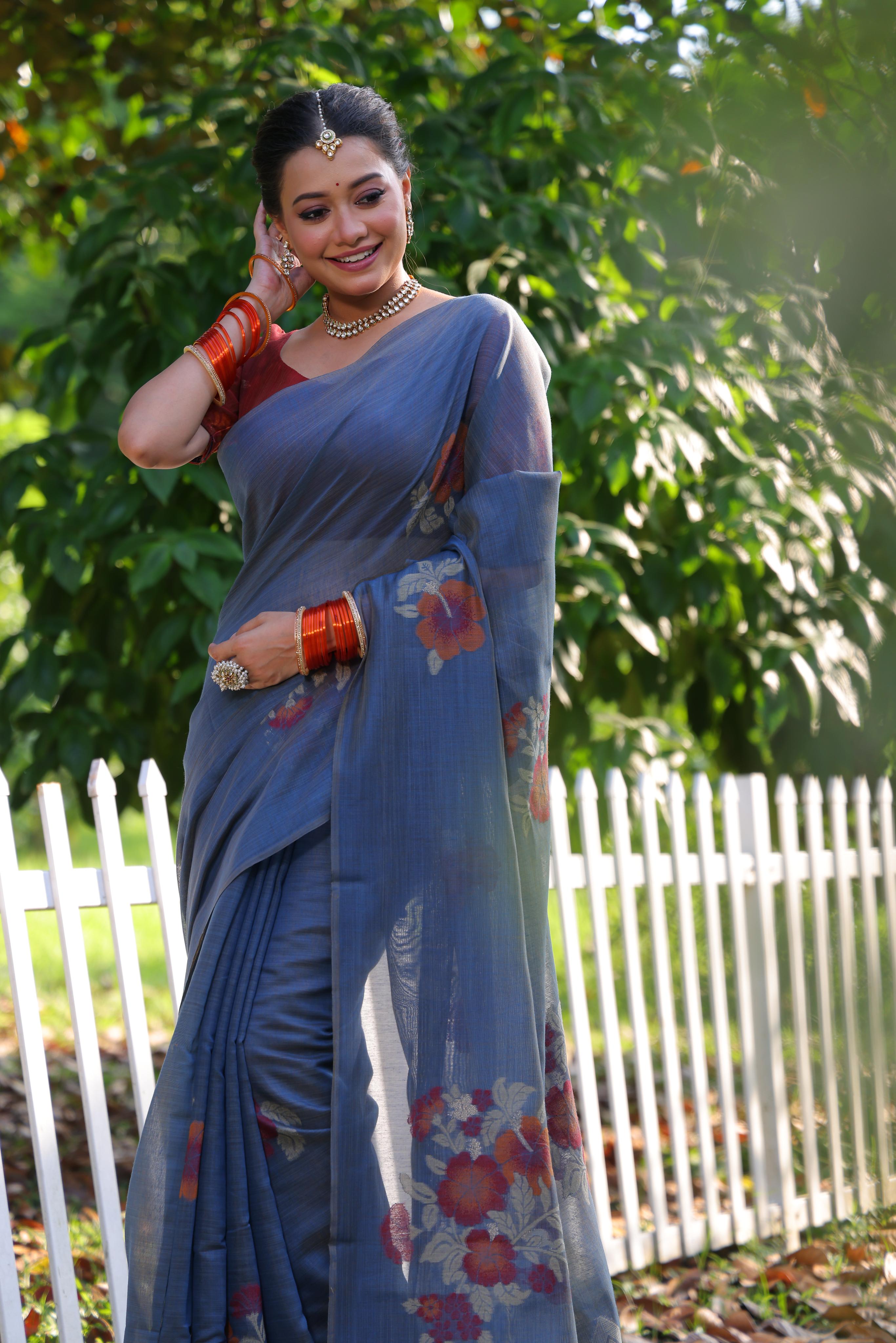 Jyoti Fashion Women's Blue Soft Muga Cotton Resham Jamdani Weaving Traditional Saree with Blouse
