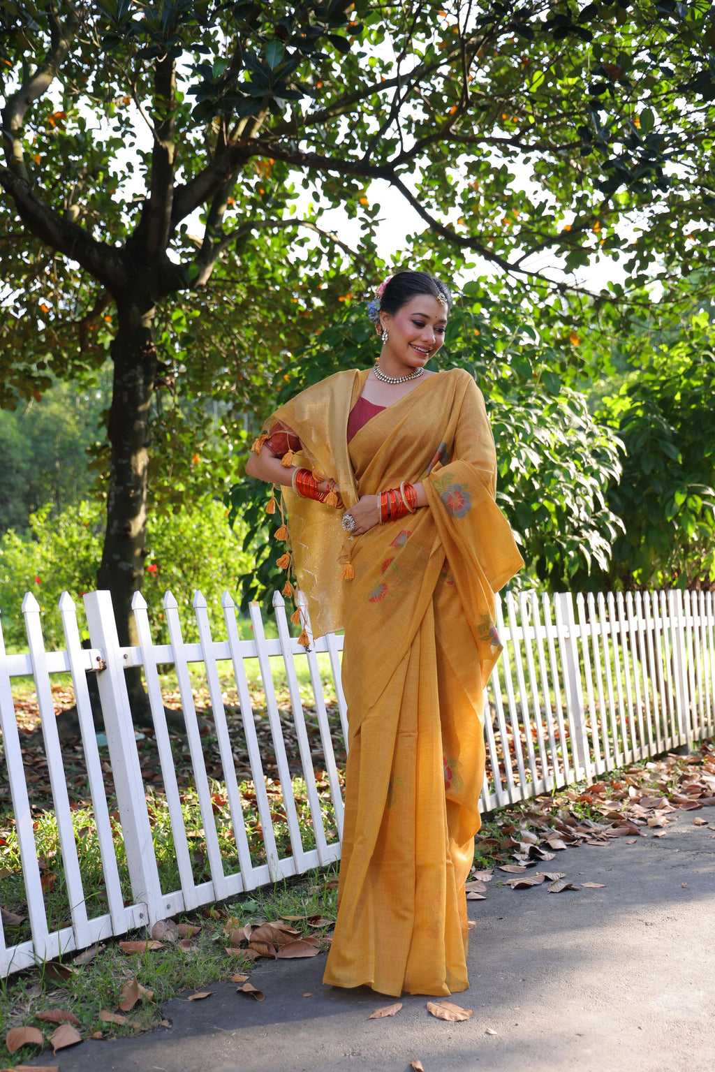 Mustard Soft Muga Cotton Resham Jamdani Woven Saree