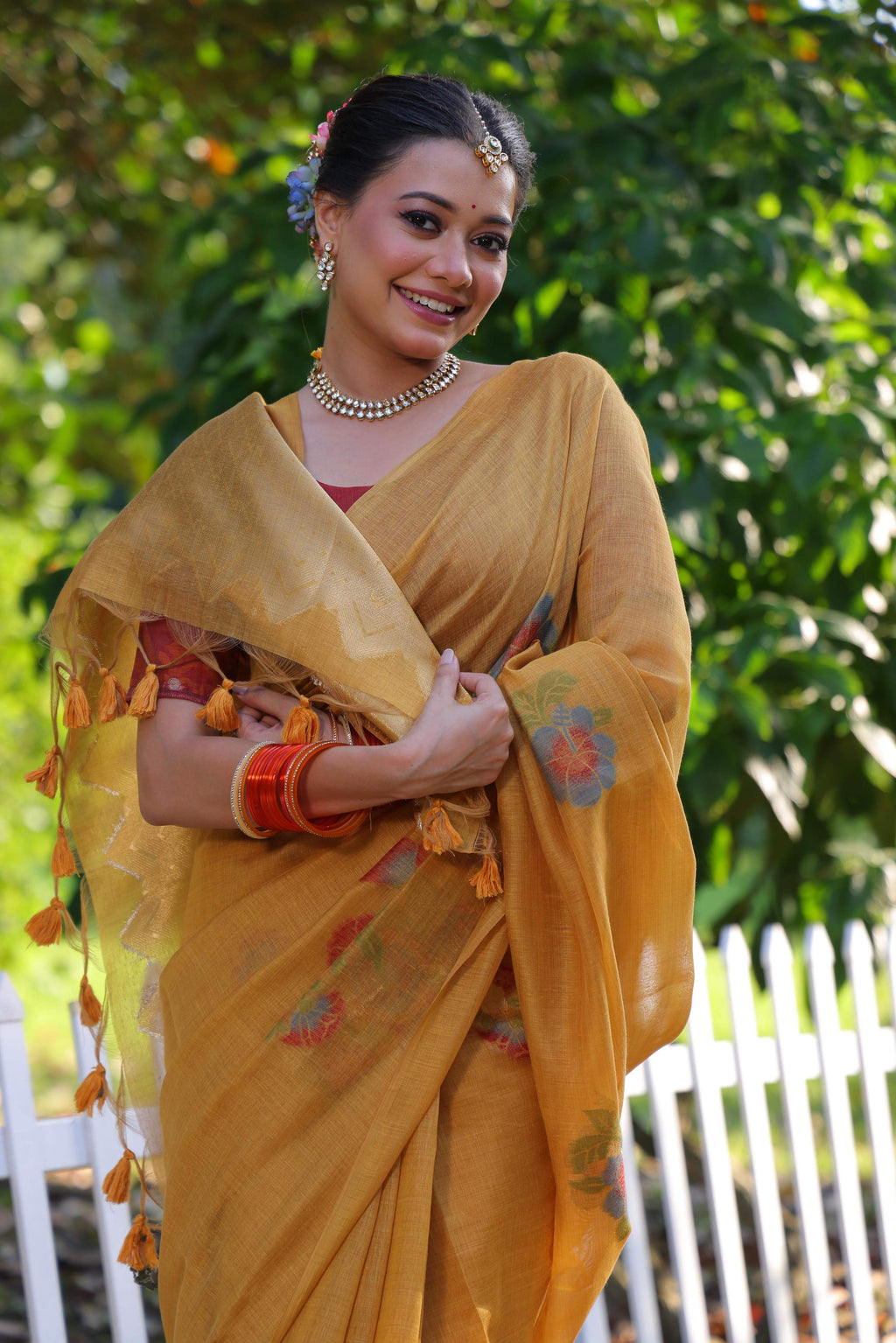 Mustard Soft Muga Cotton Resham Jamdani Woven Saree