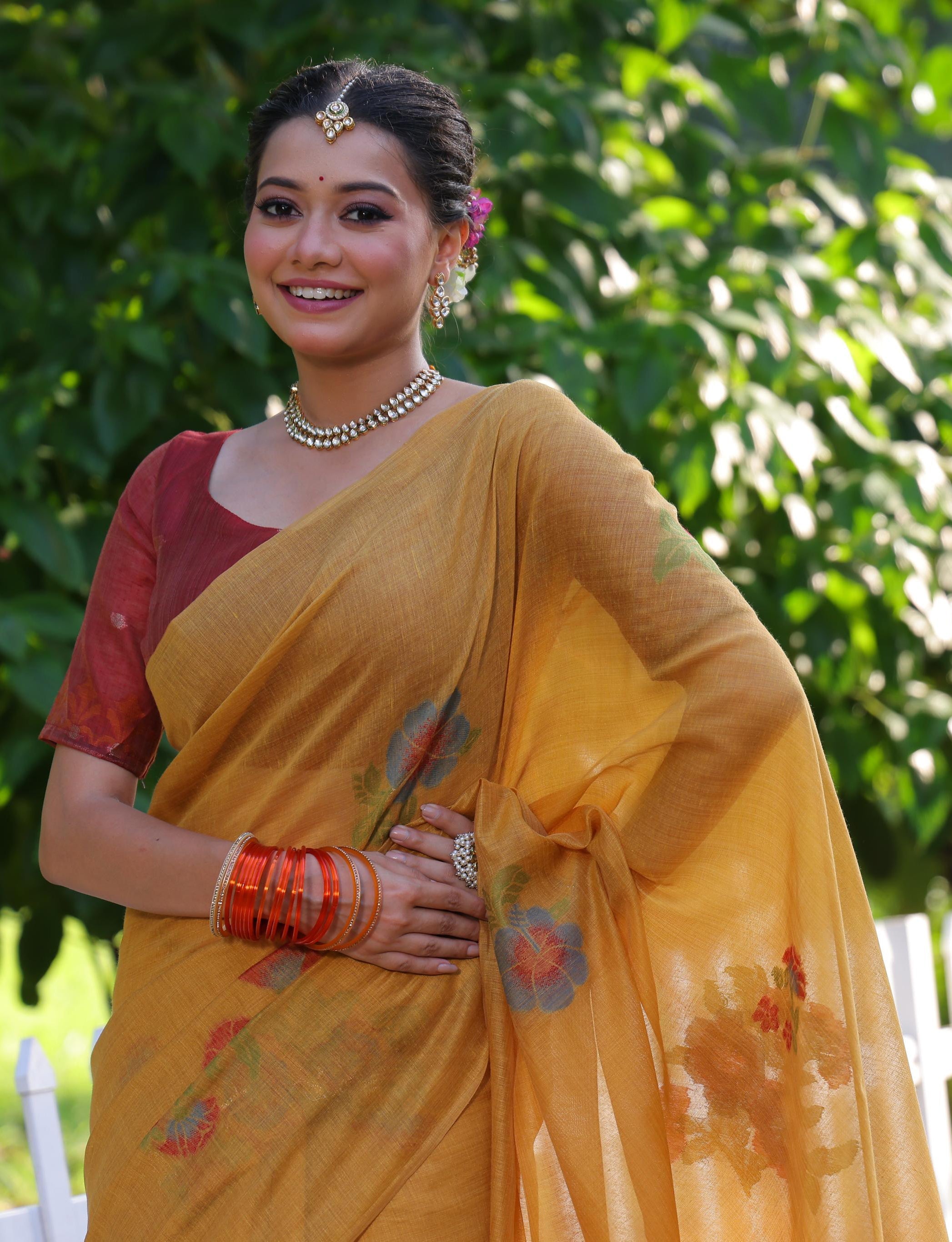 Mustard Soft Muga Cotton Resham Jamdani Woven Saree