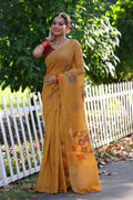 Mustard colored soft Muga cotton saree with Resham Jamdani weaving