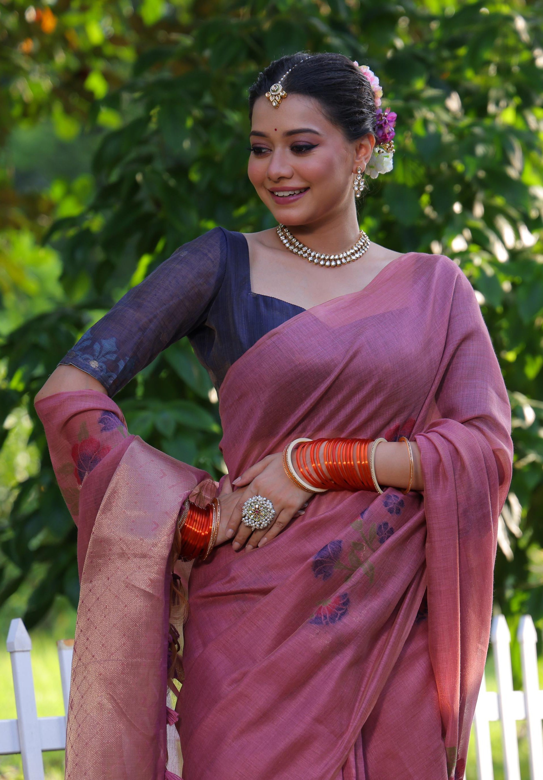 Jyoti Fashion Women's Pink Soft Muga Cotton Resham Jamdani Weaving Traditional Saree with Blouse
