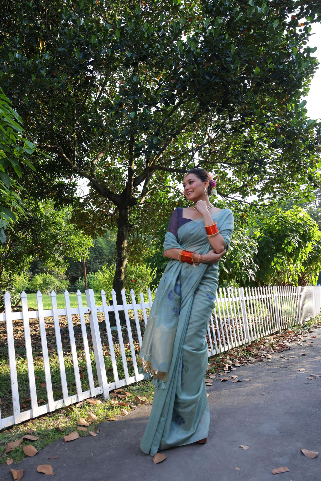 Sky Blue Muga Cotton Jamdani Saree with Navy Blue Blouse