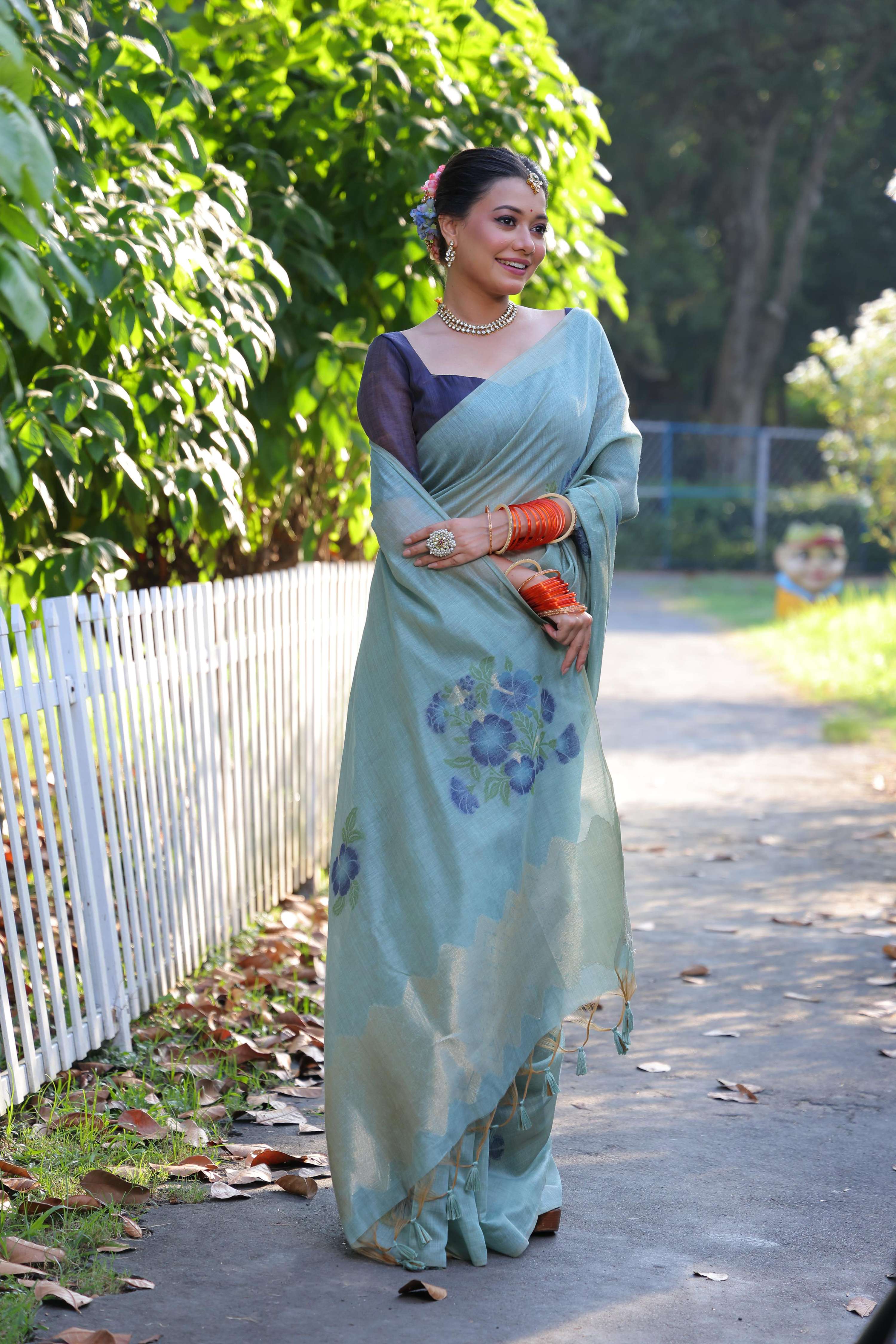 Sky Blue Muga Cotton Jamdani Saree with Navy Blue Blouse