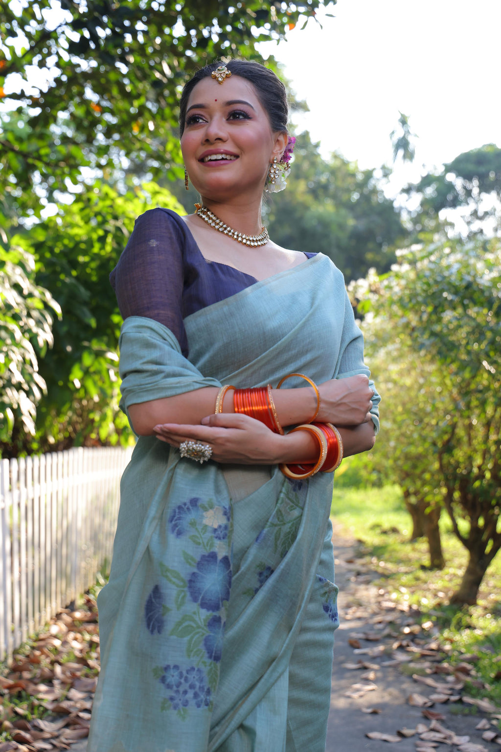 Sky Blue Muga Cotton Jamdani Saree with Navy Blue Blouse