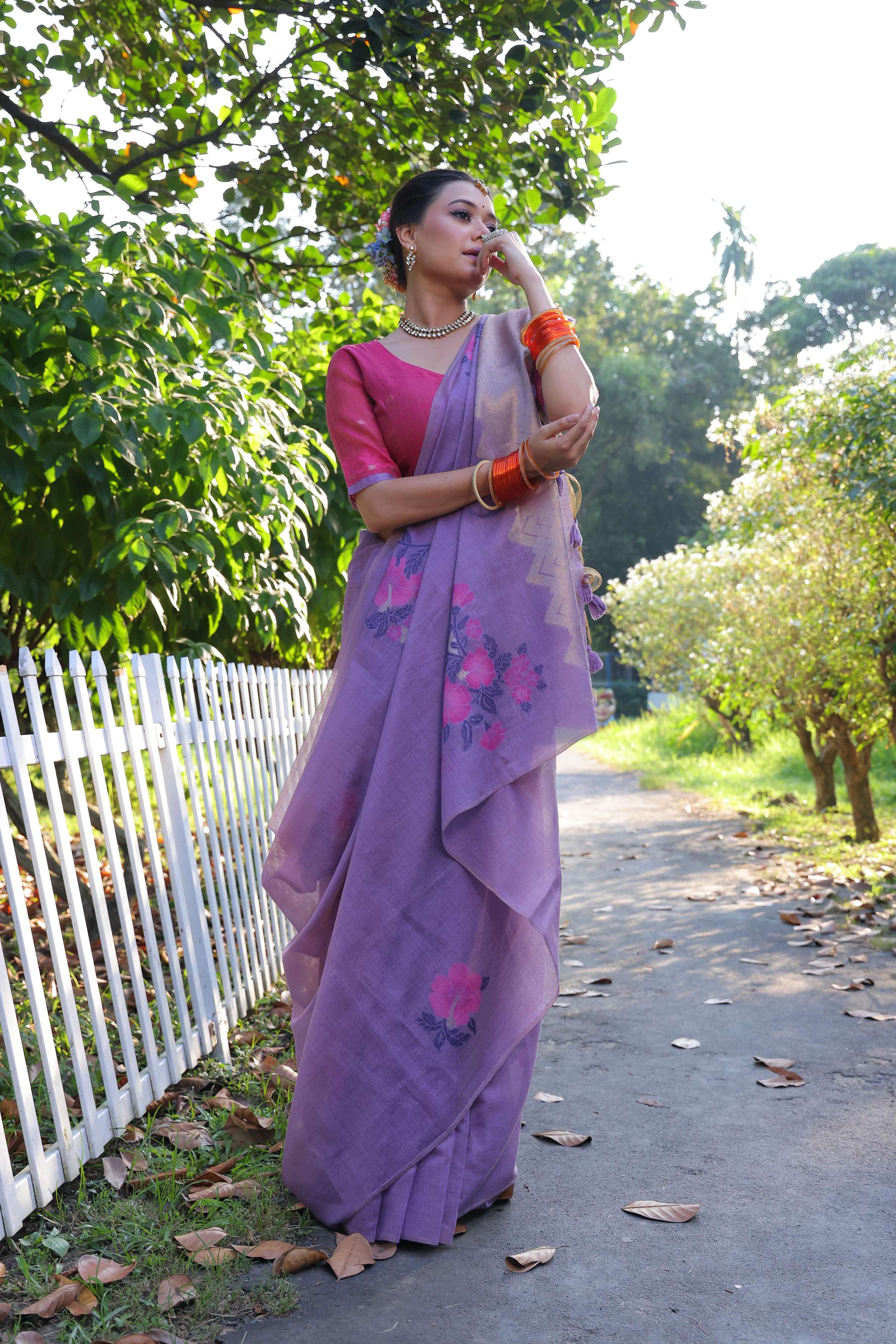 Jyoti Fashion Women's Purple Soft Muga Cotton Resham Jamdani Weaving Traditional Saree with Blouse