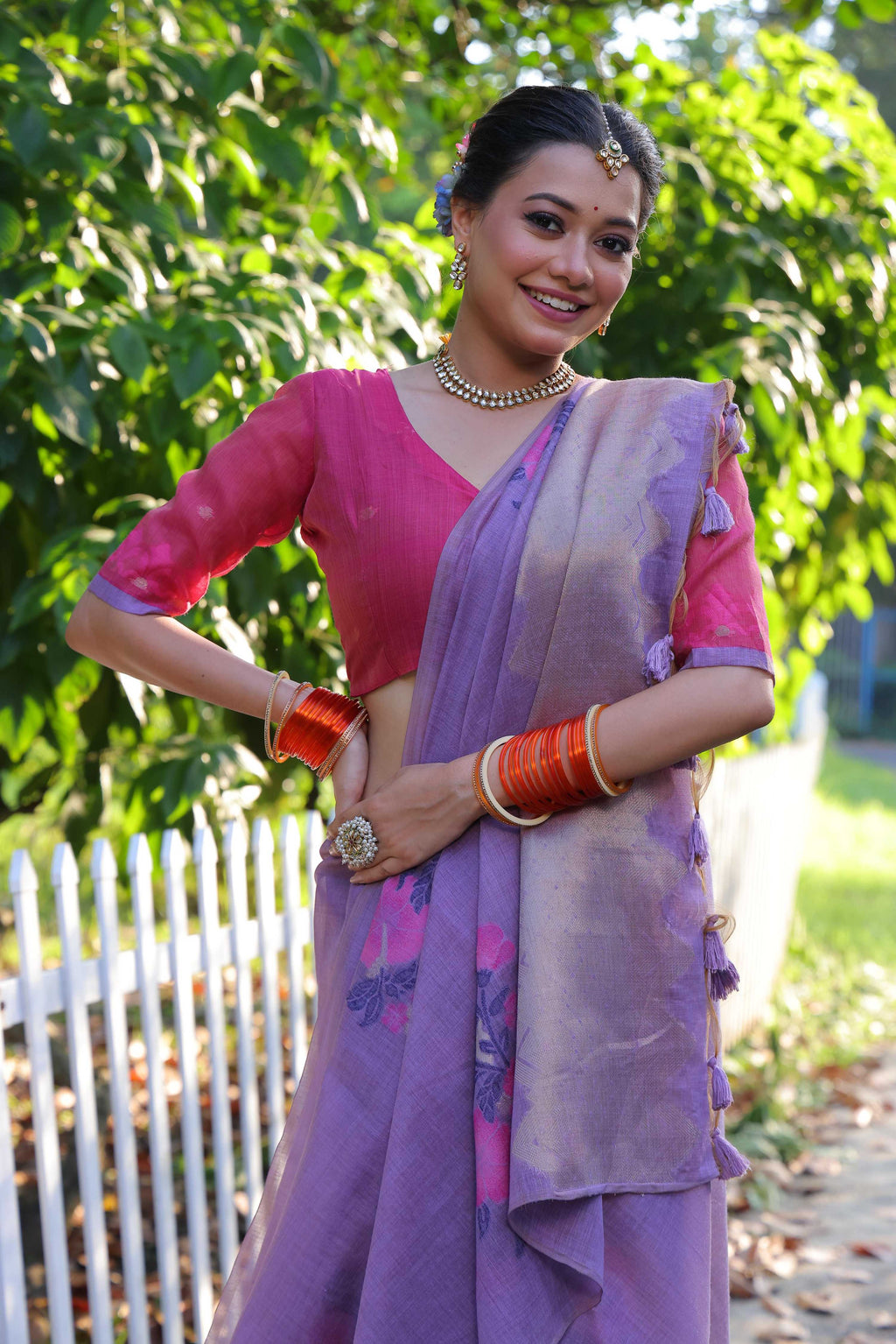 Jyoti Fashion Women's Purple Soft Muga Cotton Resham Jamdani Weaving Traditional Saree with Blouse