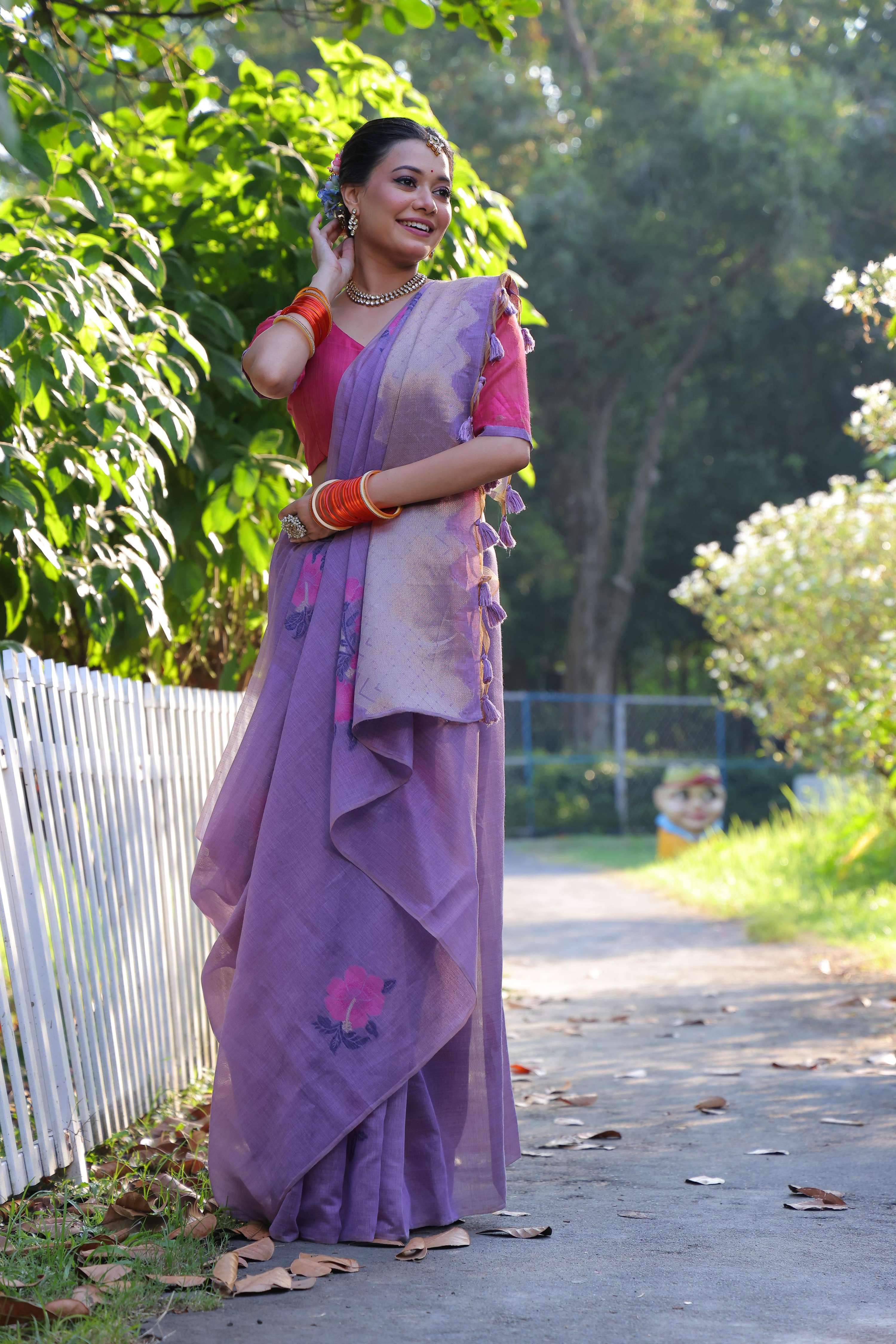 Jyoti Fashion Women's Purple Soft Muga Cotton Resham Jamdani Weaving Traditional Saree with Blouse